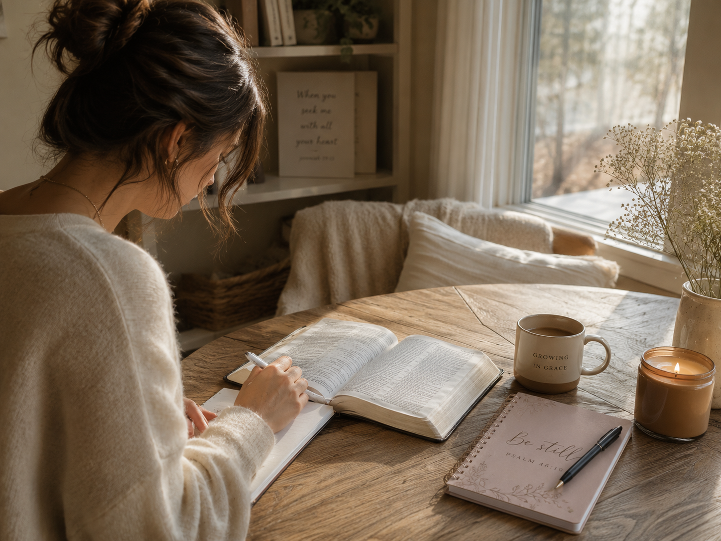 A woman sitting at a wooden table, writing in a notebook with an open Bible, a pen, a candle, a coffee mug labeled "Growing in Grace," and a pink prayer journal with "Be still" on the cover. Sunlight streams through a window with curtains, and a vase with white flowers is on the table.