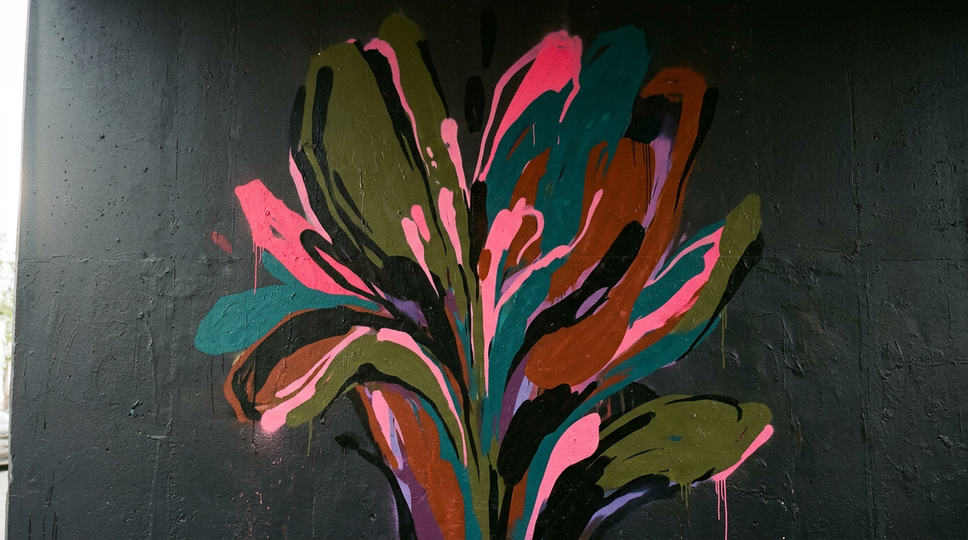 Colorful abstract flame-like graffiti on a black wall.