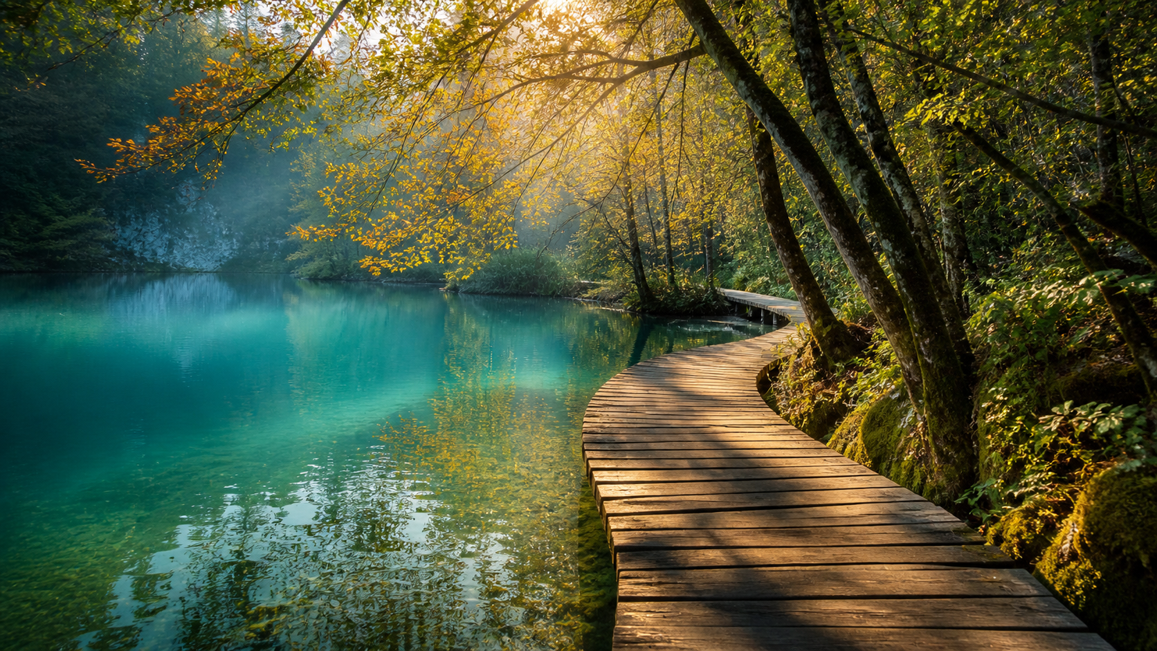 A wooden boardwalk meanders alongside a turquoise lake surrounded by trees with autumn foliage, with sunlight filtering through the leaves.