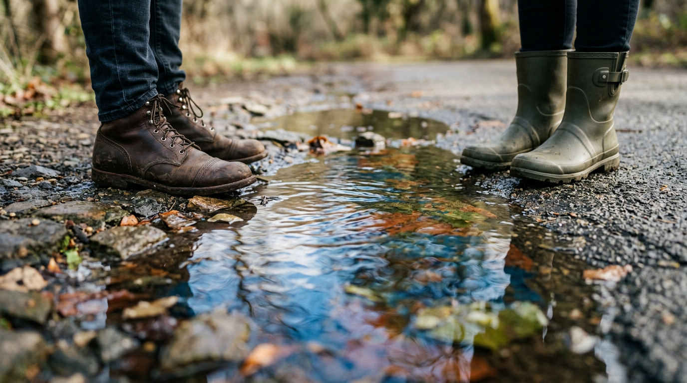 Two people standing on a gravel path with puddles, one in brown boots and the other in green rain boots, near a small stream or rainwater accumulation.