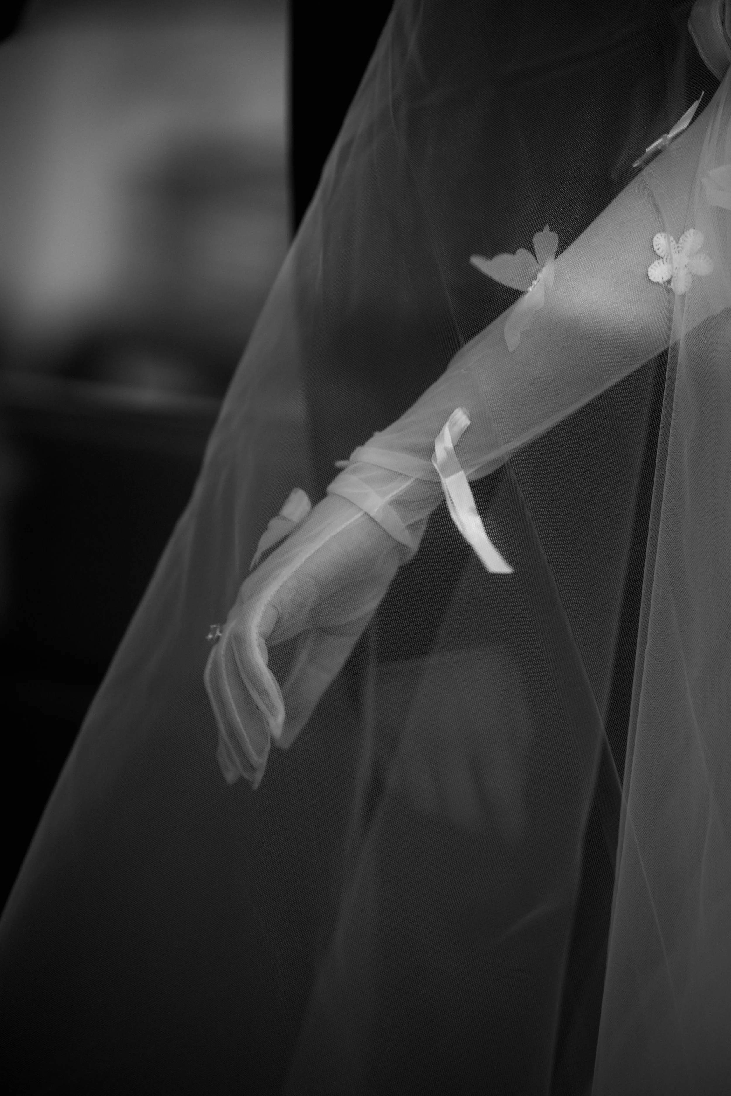 Un vestido de novia con una tela transparente y bordados de mariposas, con la opción de mostrar el esqueleto de la estructura bajo la tela.
