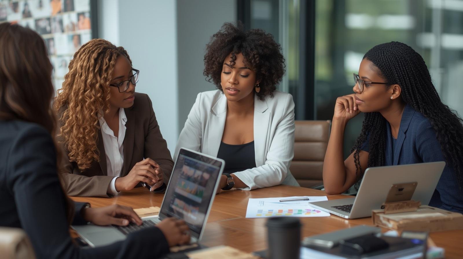 Four women having a meeting in a conference room with laptops, documents, and charts on the table.