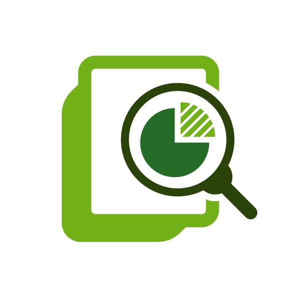 Green and black icon of a smartphone with a magnifying glass showing a pie chart, representing data analysis or research.