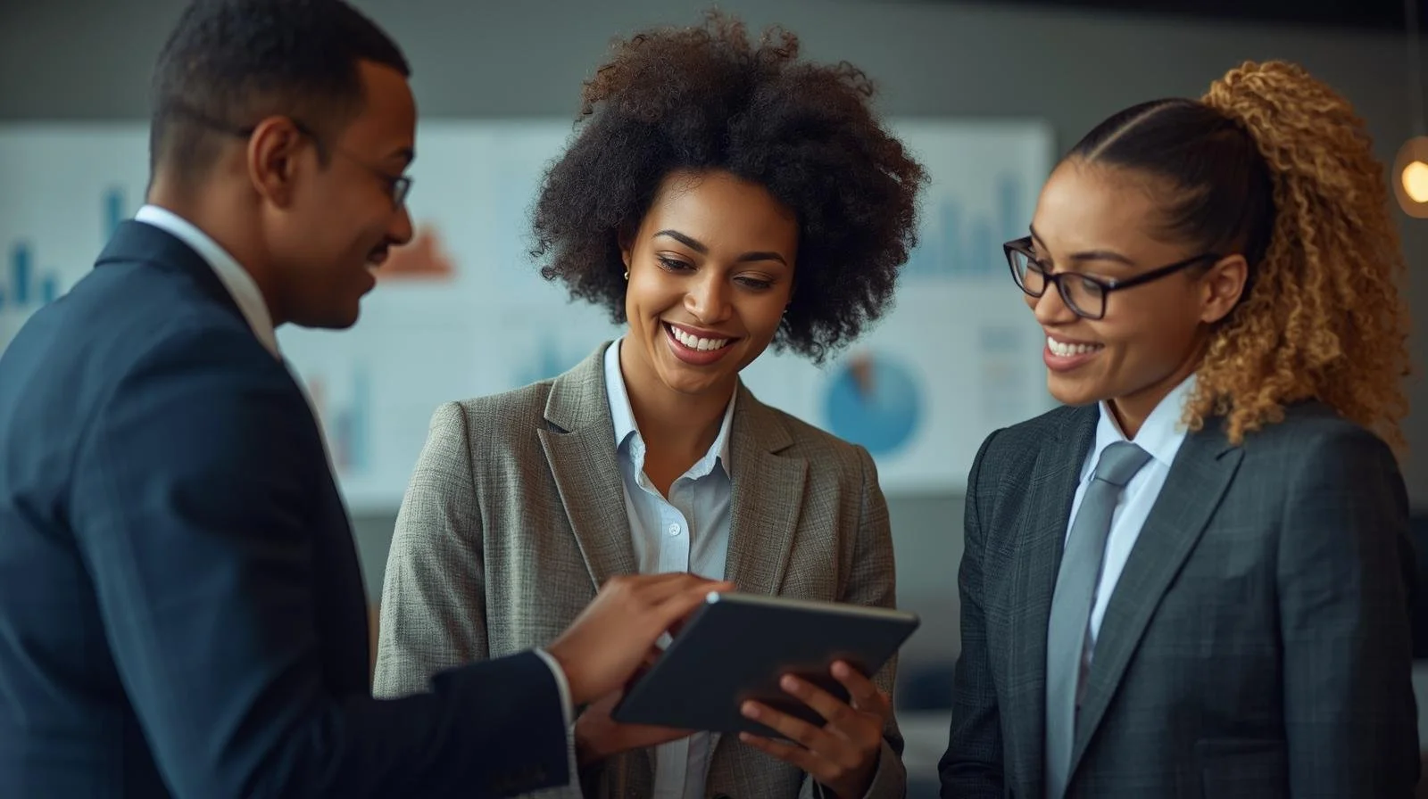 Three business professionals, two women and one man, in formal attire, smiling and looking at a tablet in a modern office setting.
