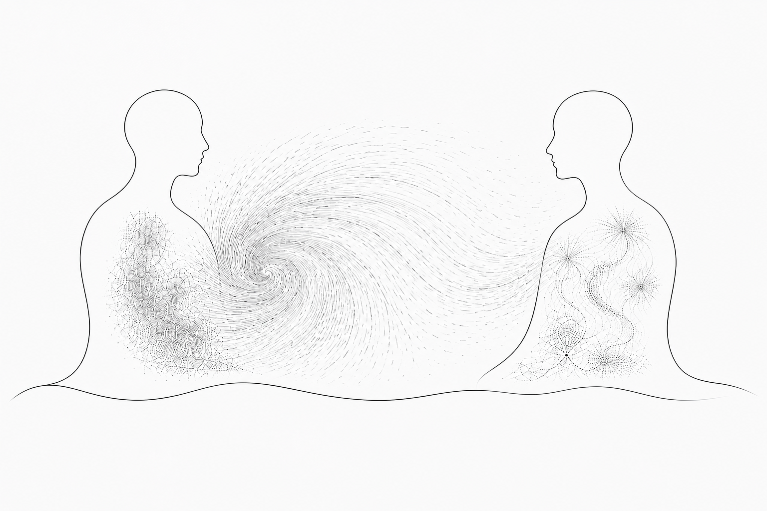 Two figures sitting in dialogue and the space unfolding between them