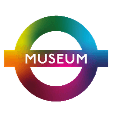 Colourful roundel logo of London Transport Museum with a circular design and the word 'MUSEUM' in the centre.