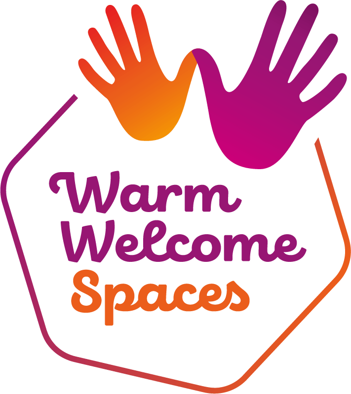 Two stylized handprints, one orange and one purple, above the words 'Warm Welcome Spaces' in purple and orange text, surrounded by an irregular colorful line