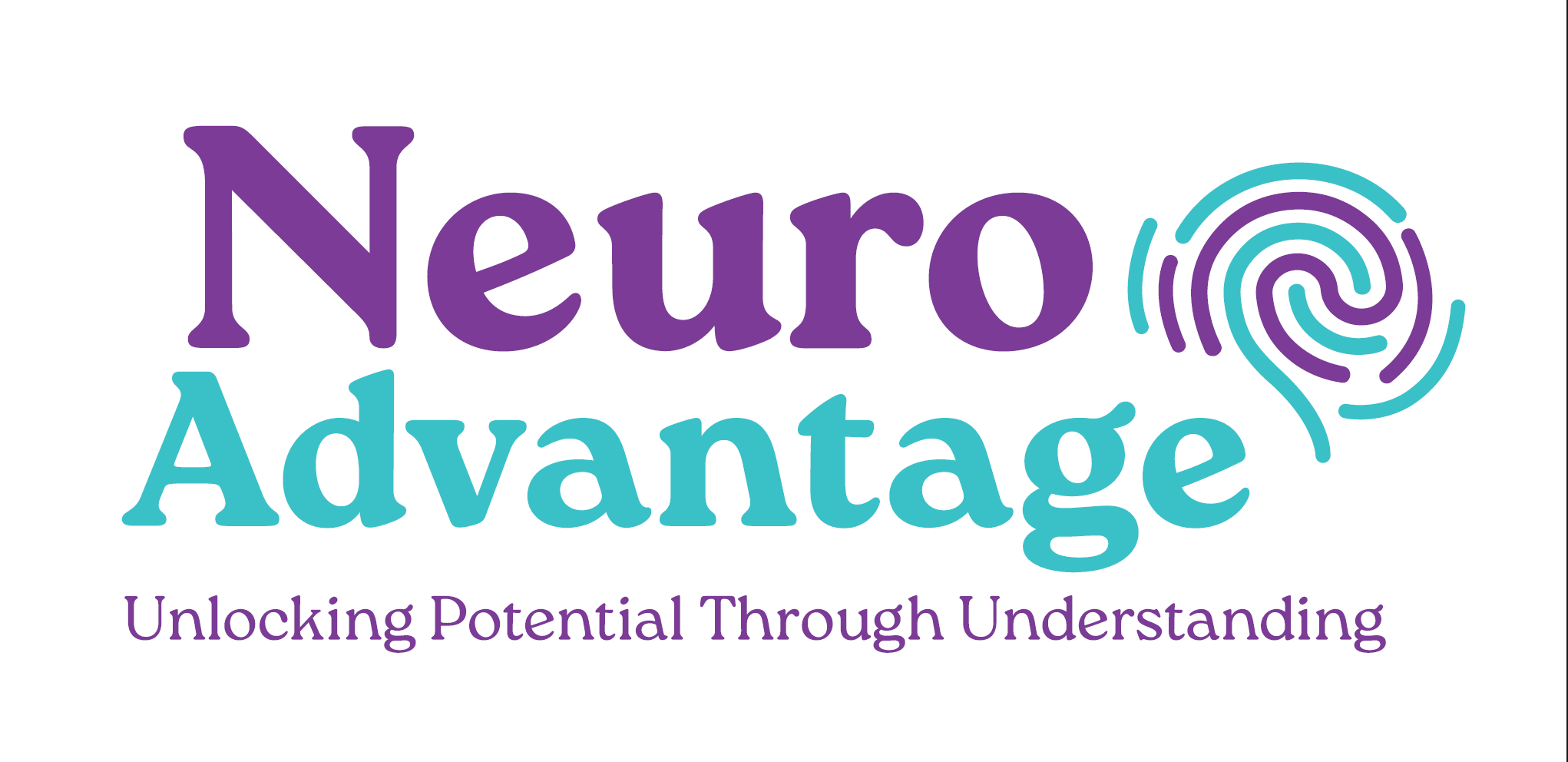 Logo for Neuro Advantage with purple and teal text and a fingerprint icon, including the tagline 'Unlocking Potential Through Understanding'.