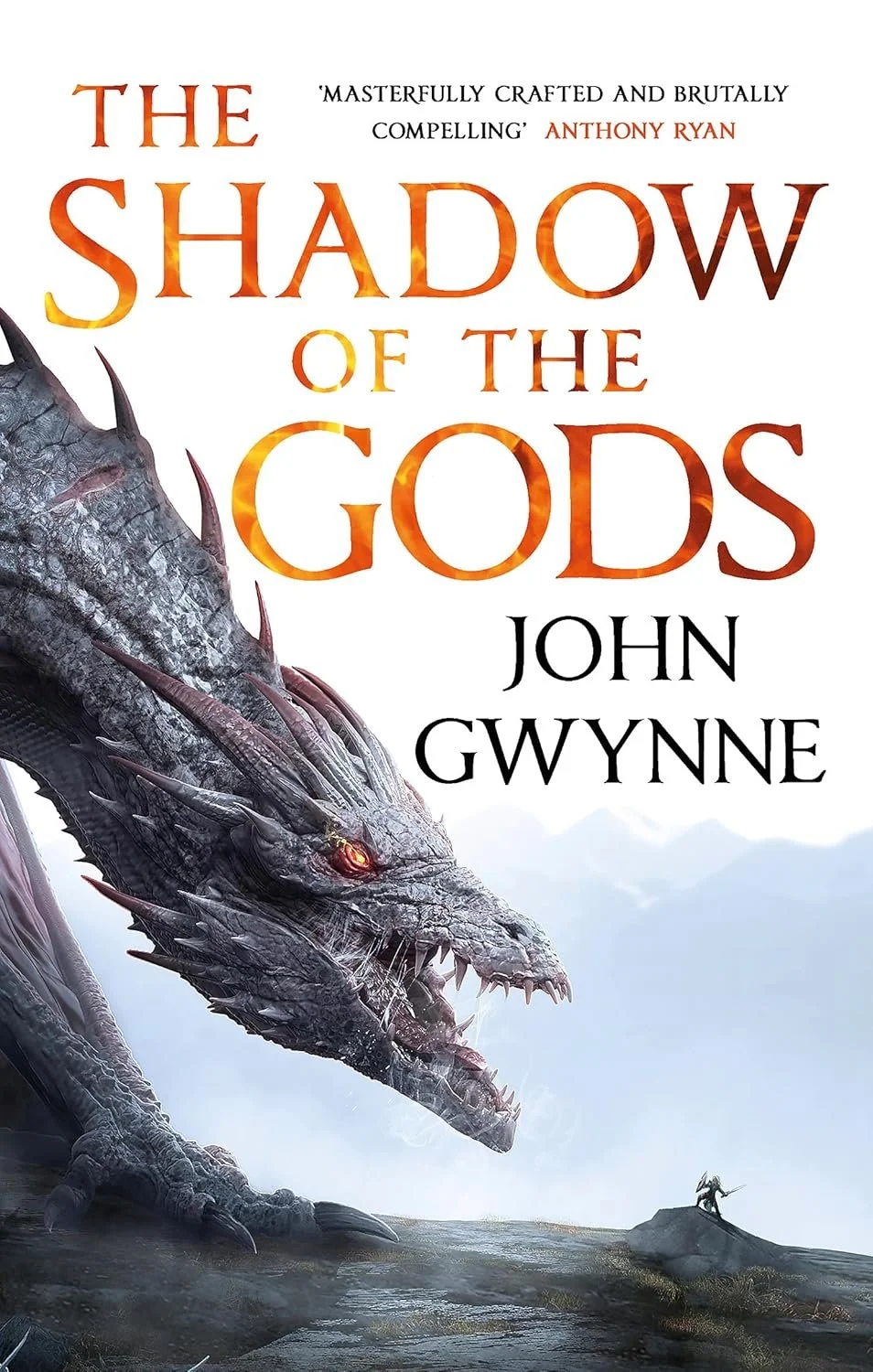 Book cover of 'The Shadow of the Gods' by John Gwynne, featuring a large, detailed, gray dragon with glowing red eyes on the left, and a small warrior standing on a rocky outcrop on the right, with a misty, mountainous background.
