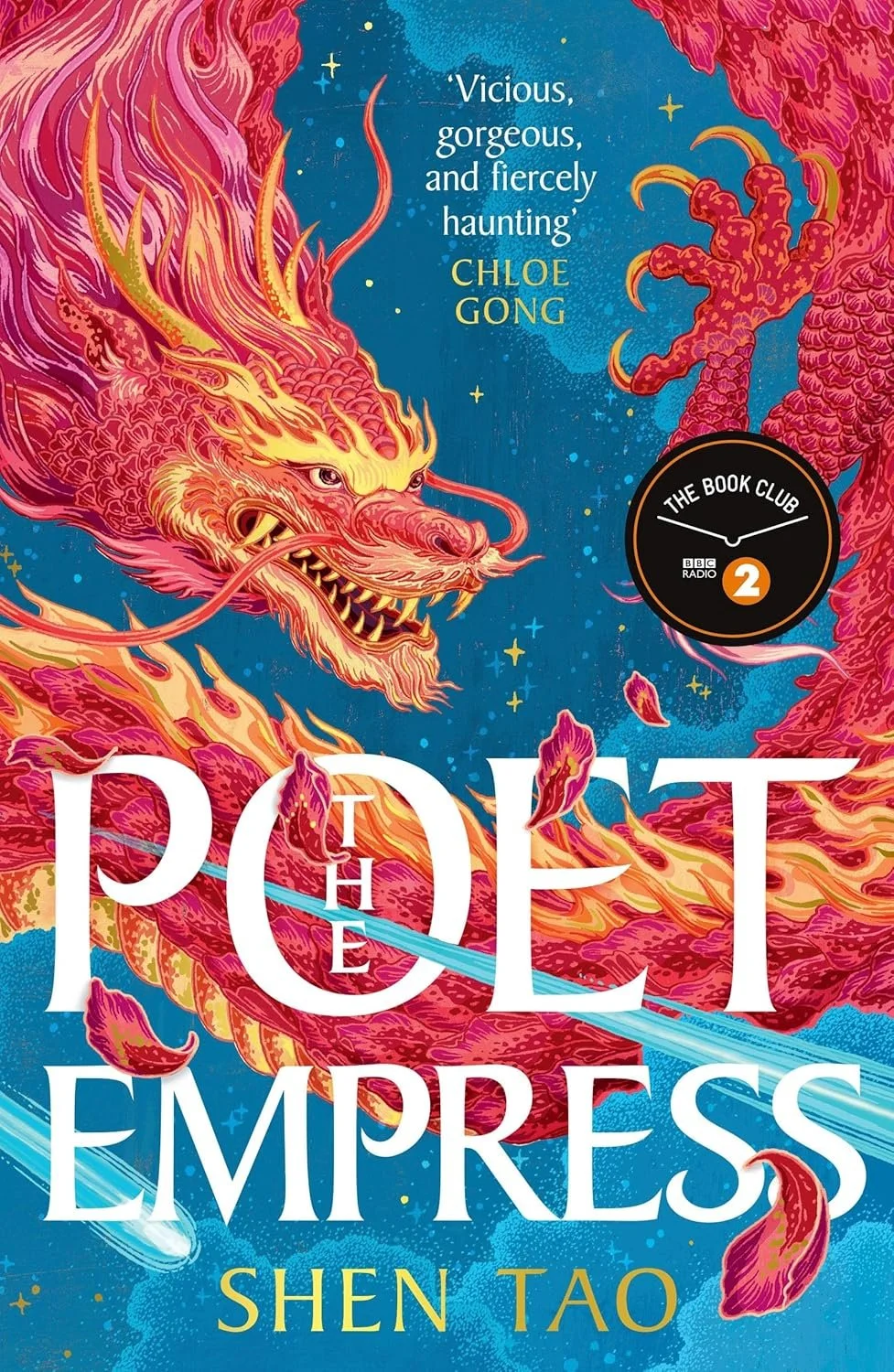 Book cover for "The Poetic Empress" by Shen Tao featuring an illustration of a fiery red and orange dragon with yellow accents flying against a starry blue background.