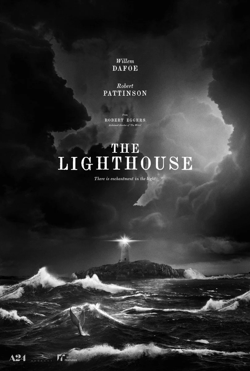 Black and white movie poster for 'The Lighthouse' featuring a lighthouse on a rocky island with waves crashing and dark stormy clouds in the sky.