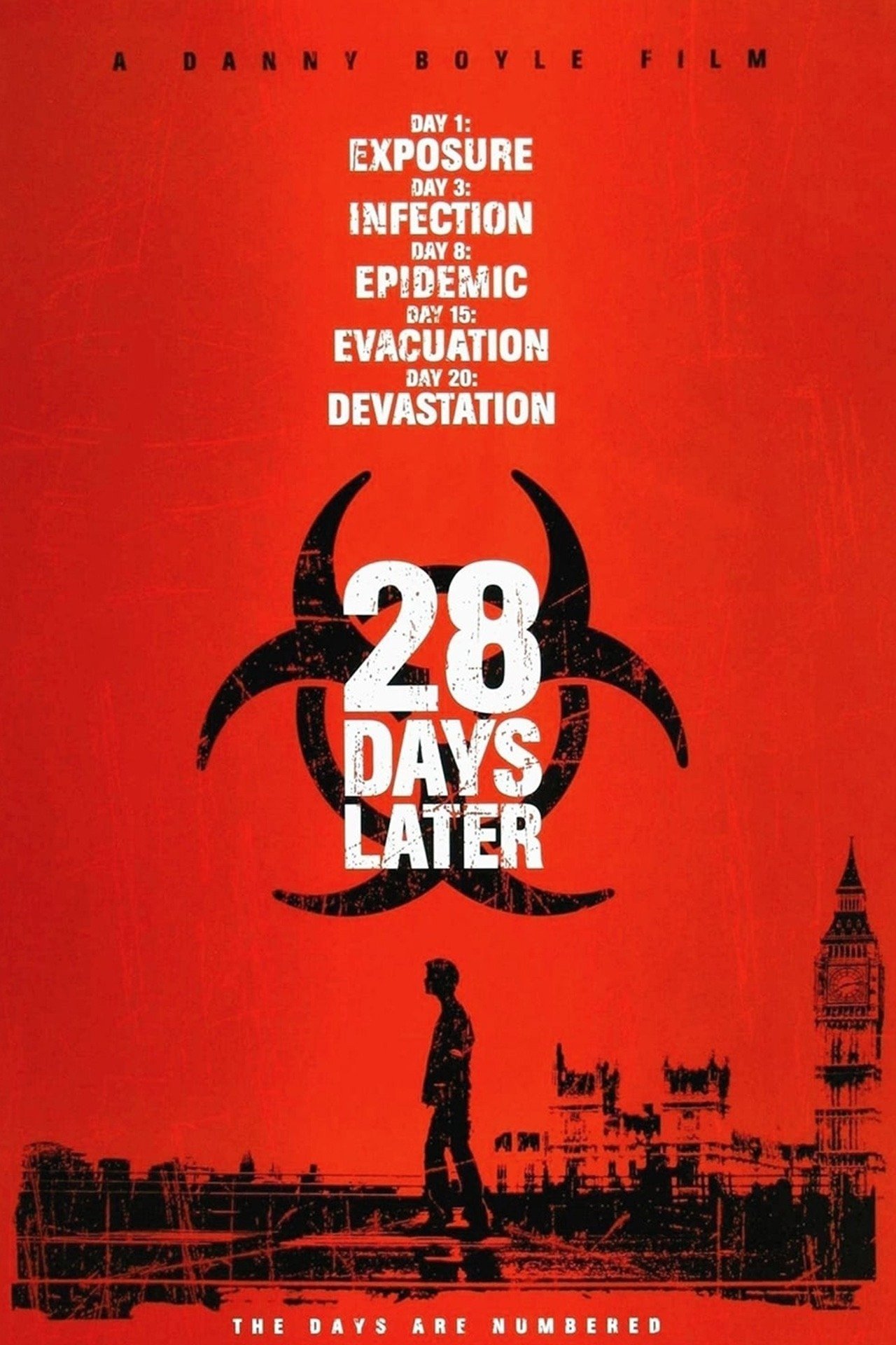 Red poster with black silhouette of London landmarks, including Big Ben and the London Eye, with white distressed text listing progression of disaster events over 28 days and a biohazard symbol in the center.