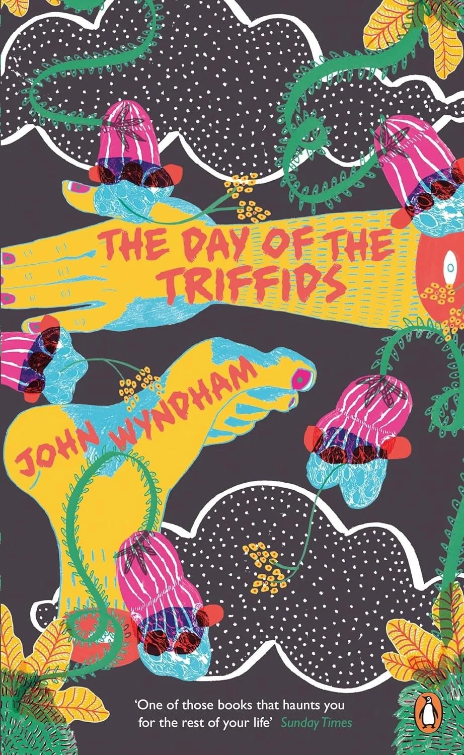 Book cover for 'The Day of the Triffids' by John Wyndham, featuring colorful illustration of triffid plants with pink and blue flowers, green vines, and yellow leaves against a black background. The title is in red text.