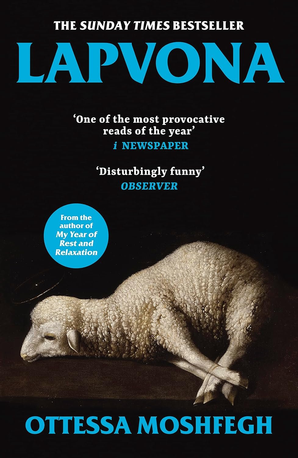 A book cover for "Lapvona" by Ottessa Moshfegh featuring a sleeping sheep on a dark background with white and blue text.