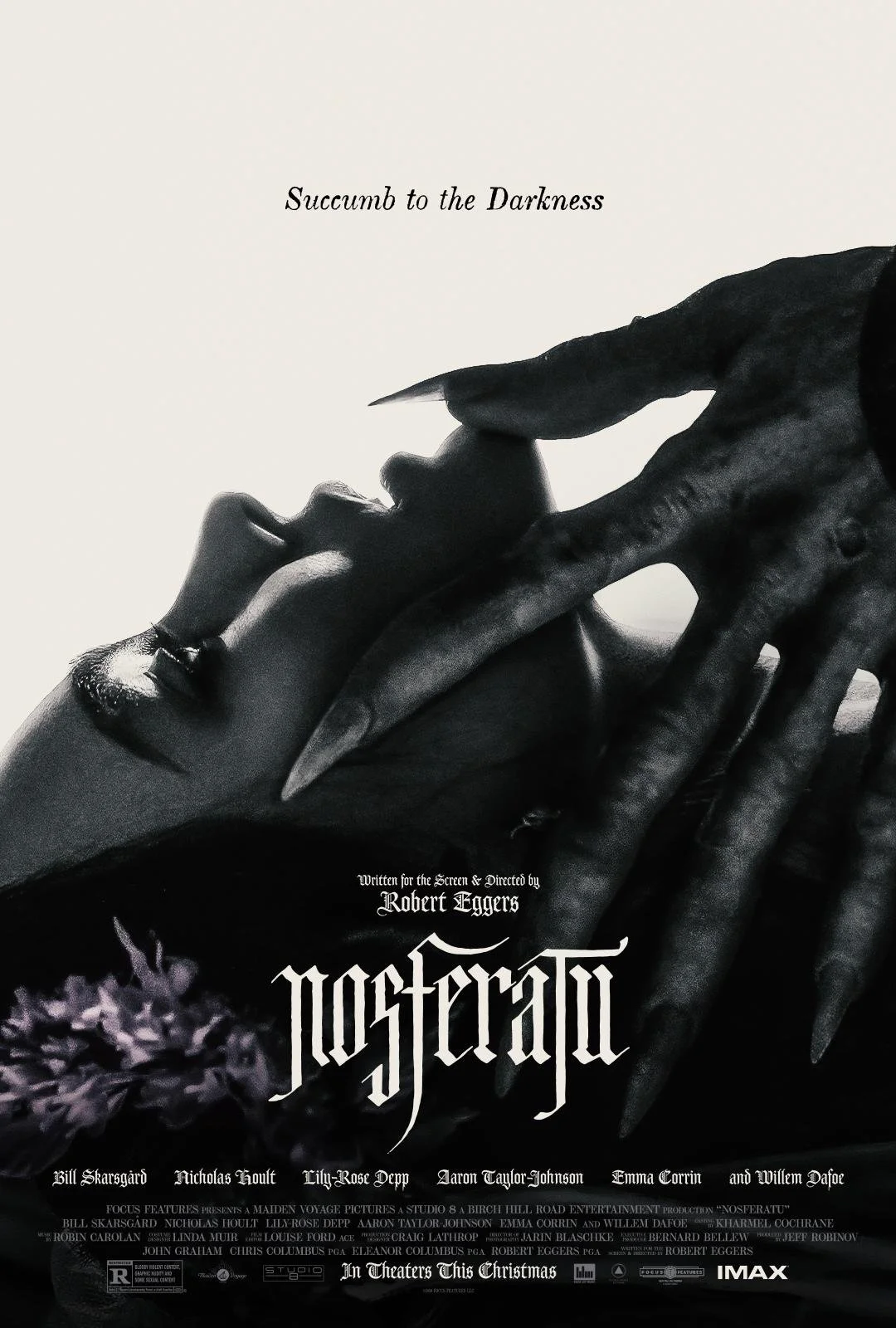 Black and white poster of a woman lying down with her head tilted back, eyes closed, and a hand reaching over her face with long, pointed nails. The phrase 'Succumb to the Darkness' appears at the top.