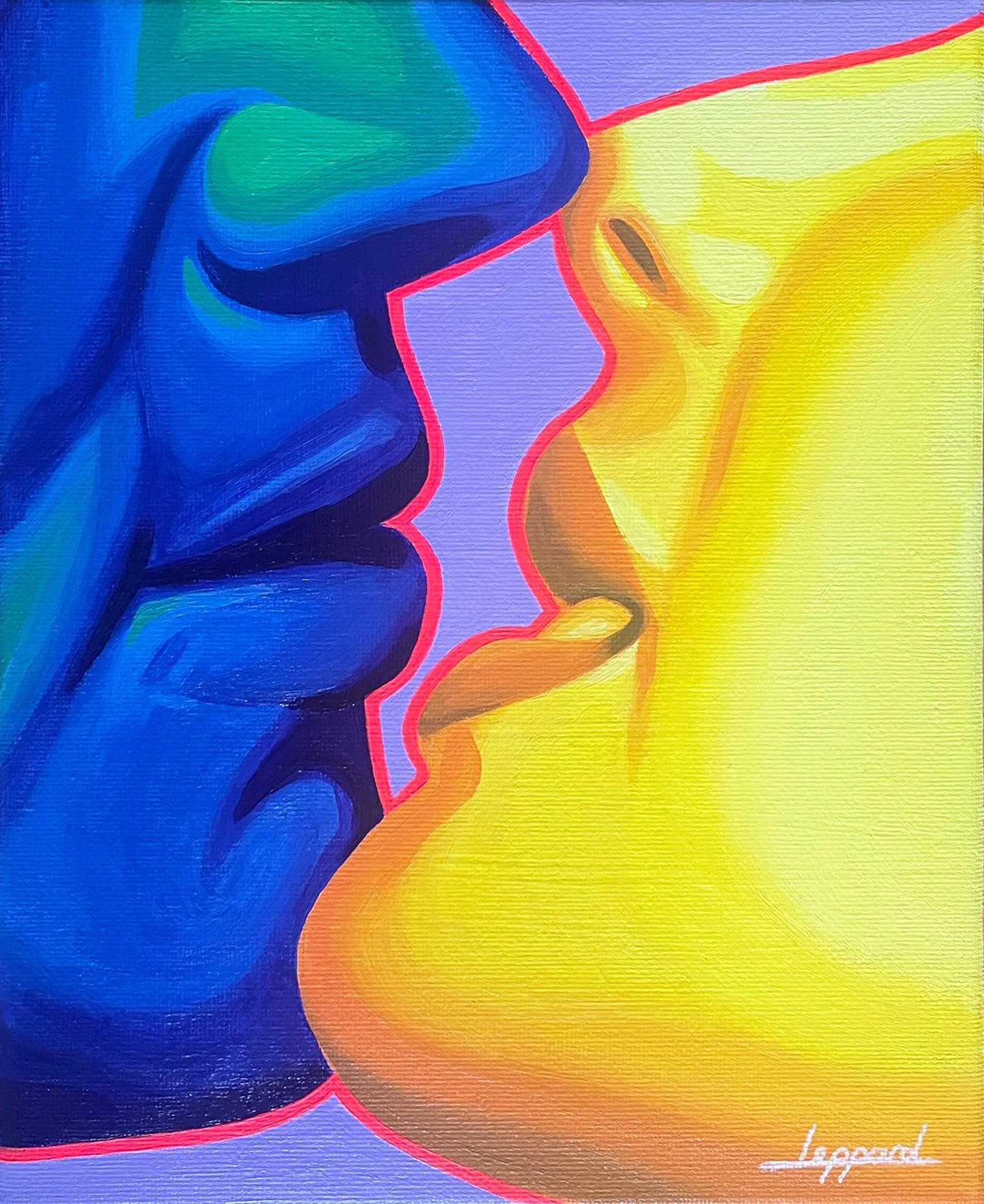 Abstract art featuring the outlines of two faces with closed eyes, facing each other in profile, rendered in vibrant blue and yellow hues, with neon red outlines and a textured background.