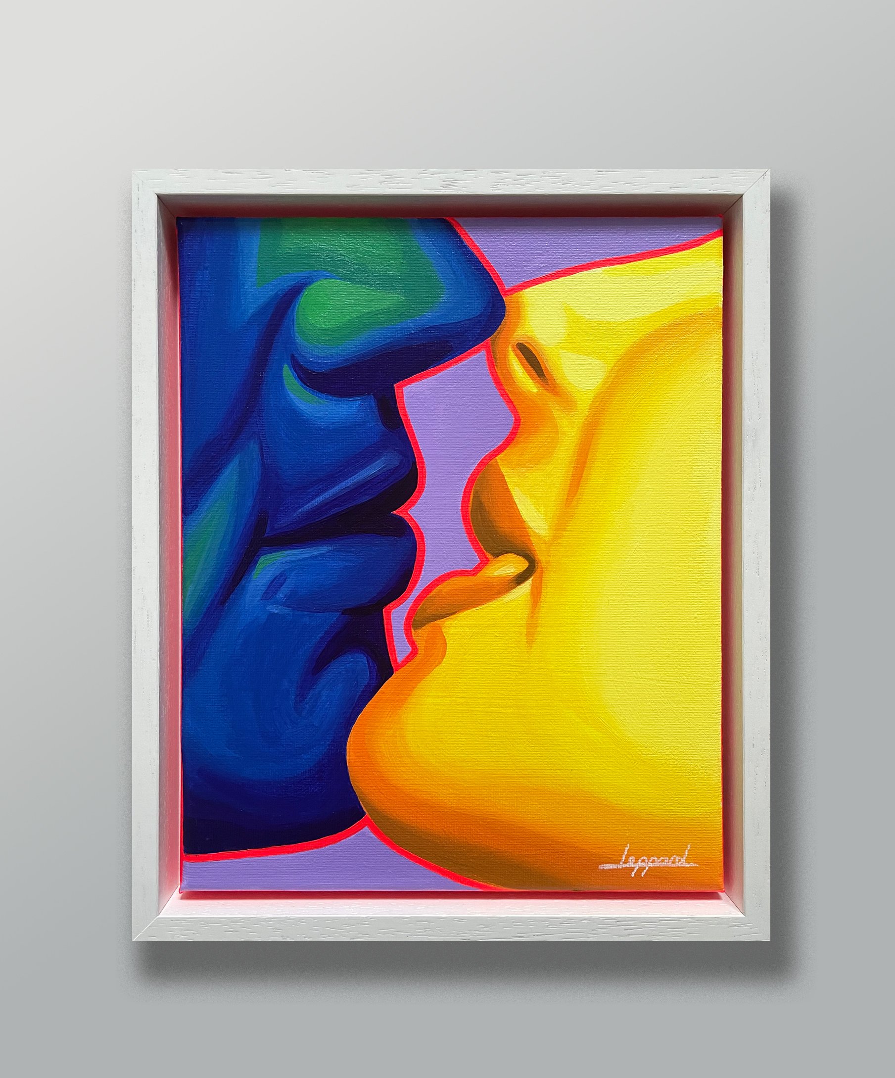 Colorful painting of two faces in profile, about to kiss. Painted in bold contrasting colours of yellow, blue and purple. It is highlighted in neon red creating an intense glow and framed in white.