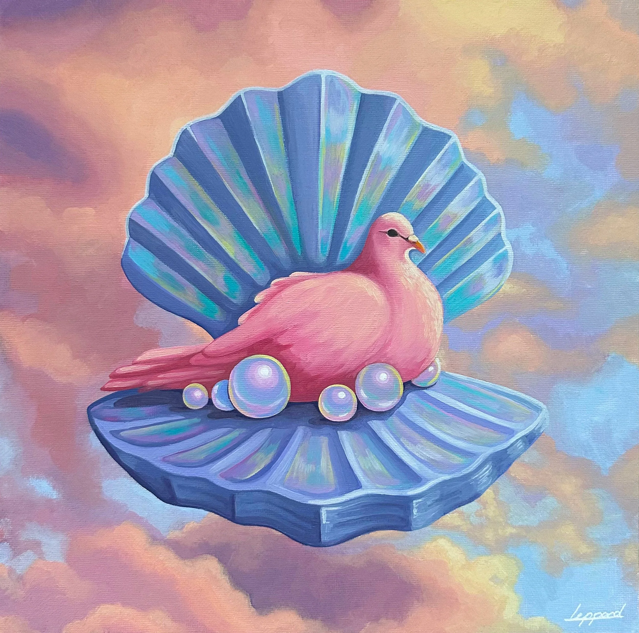 A pink dove with pearl eggs in a iridescent shell against a sunset sky