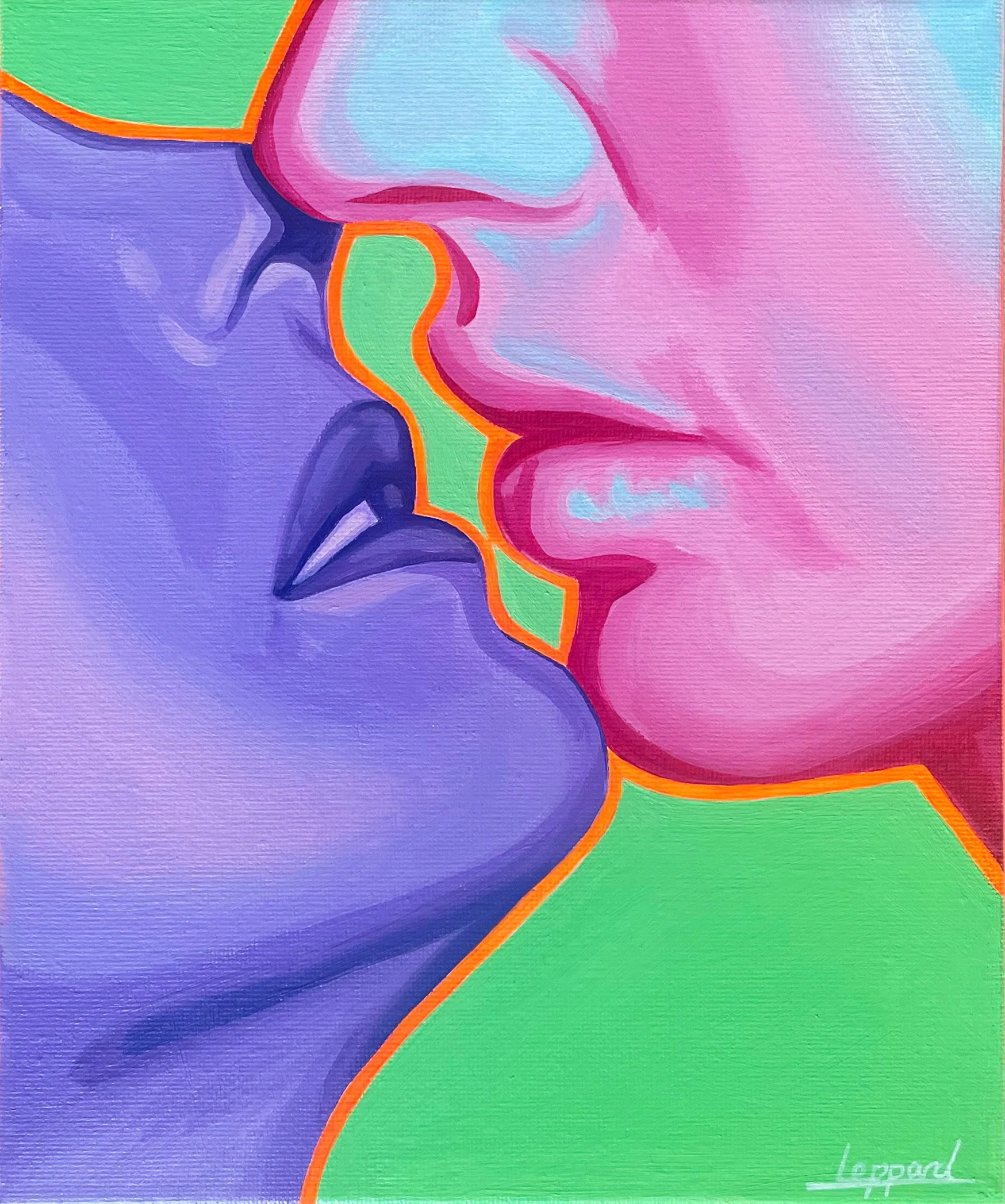Abstract colorful artwork with bold outlines of lips, nose, and facial features in pink, purple, green, and orange hues, done in a stylized, vibrant pop art style.
