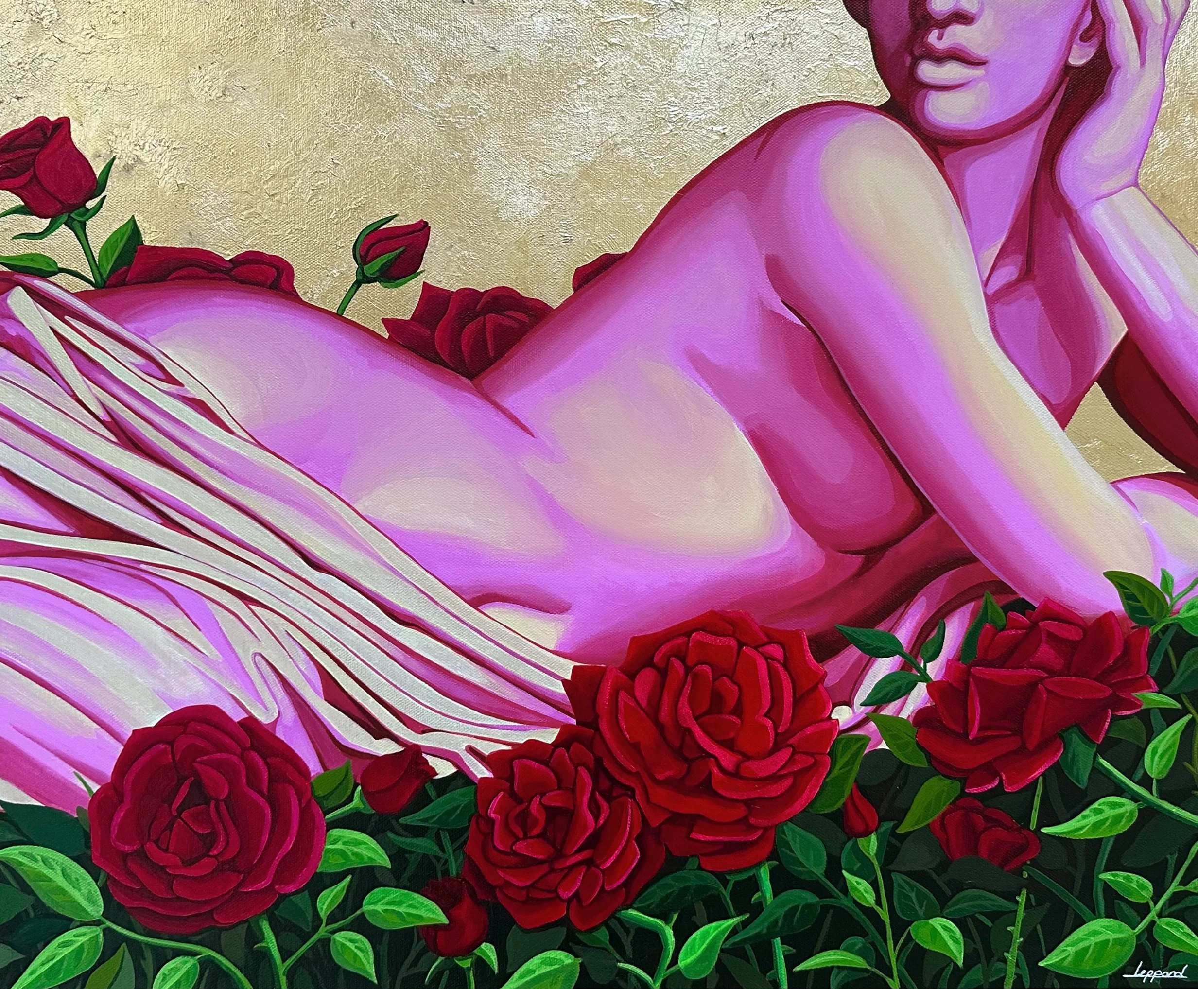 Painting of Venus laying in red roses, she is vibrant pink the background is a textured gold leaf.