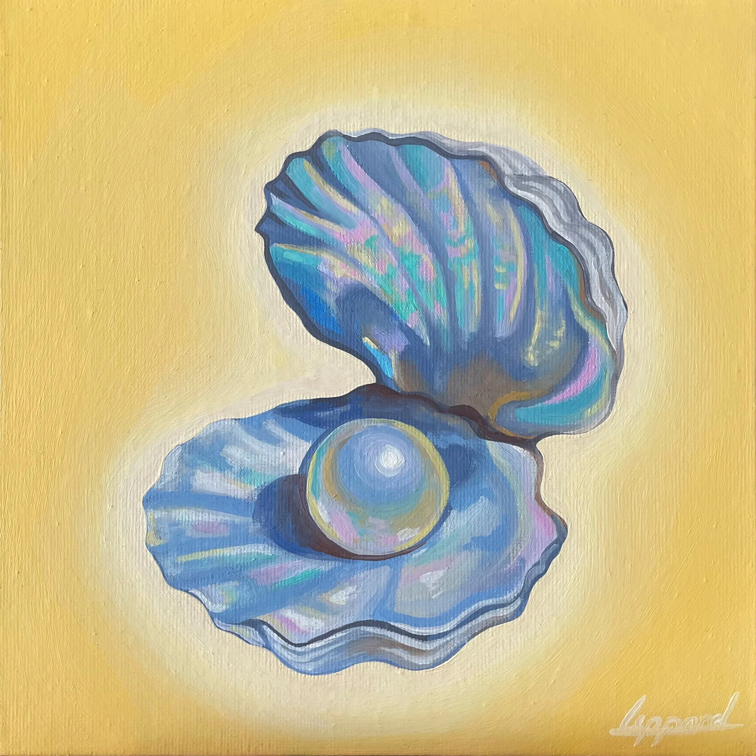 a glowing iridescent shell with a bright shiny pearl