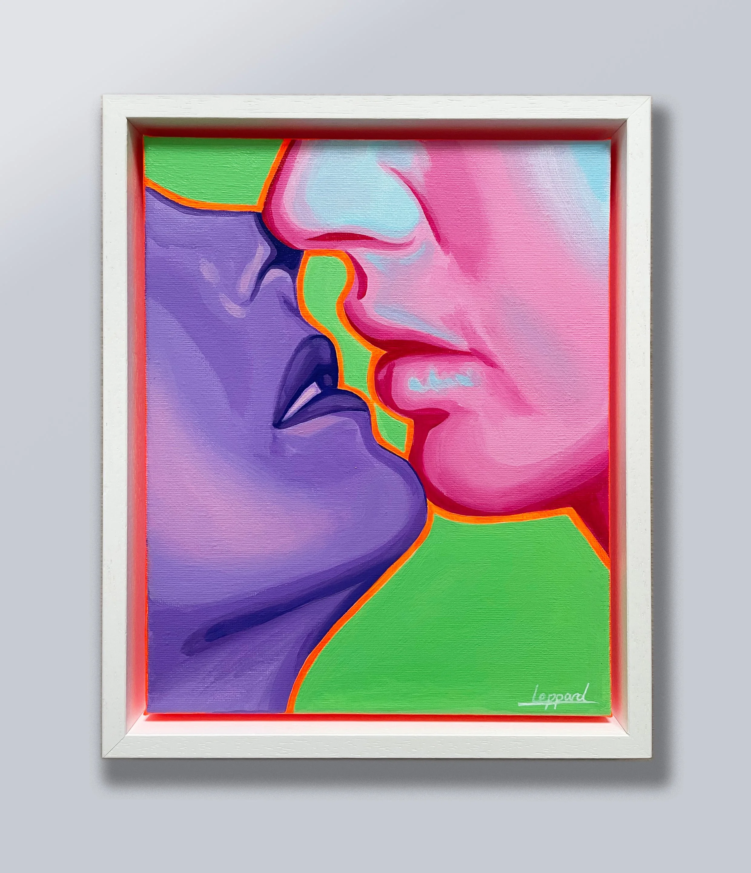 Colorful painting of two faces in profile, about to kiss. Painted in bold contrasting colours of pink, green and purple. It is highlighted in neon orange creating an intense glow and framed in white.