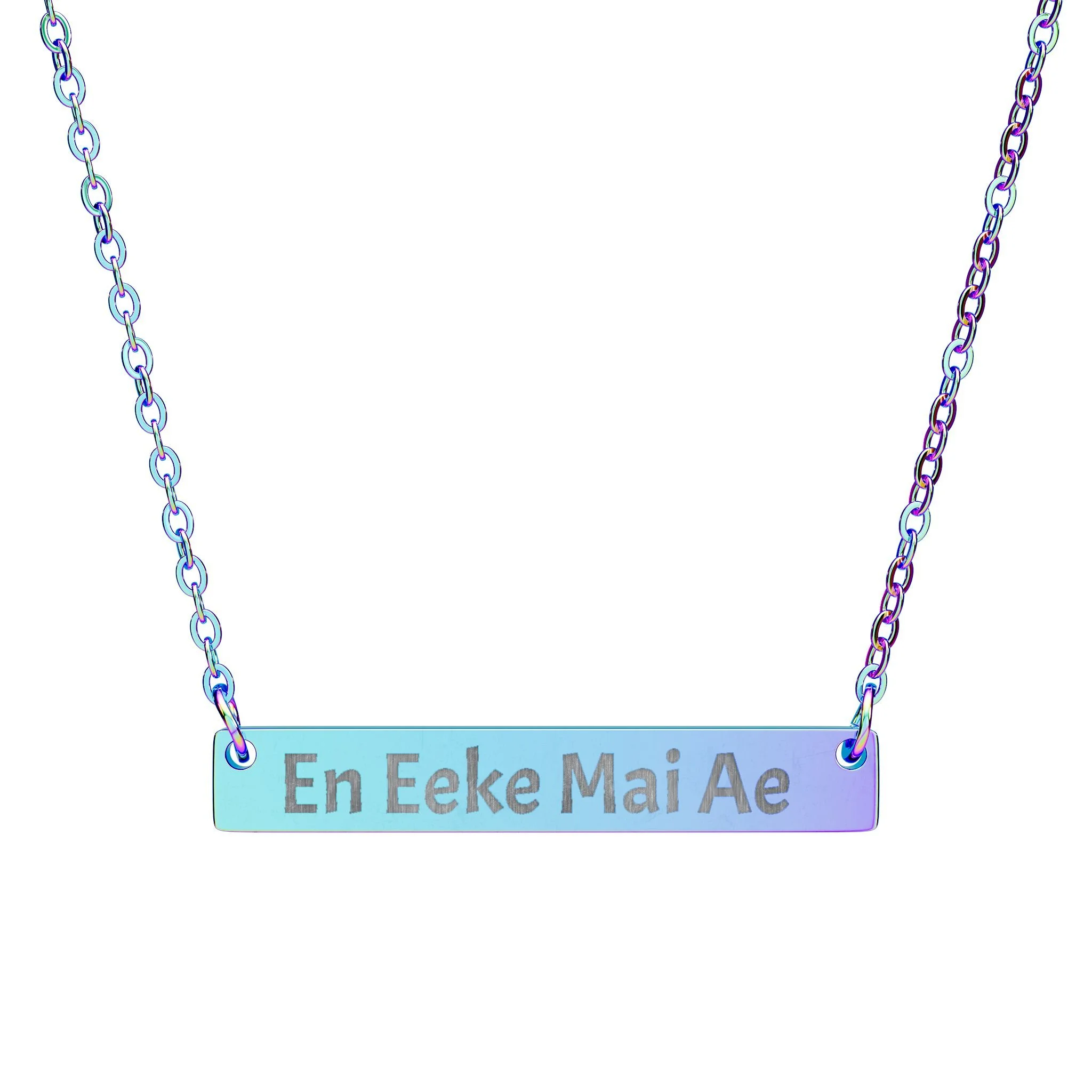 A rectangular sign hanging by chains with the text 'En Eke Ma A' visible on it.