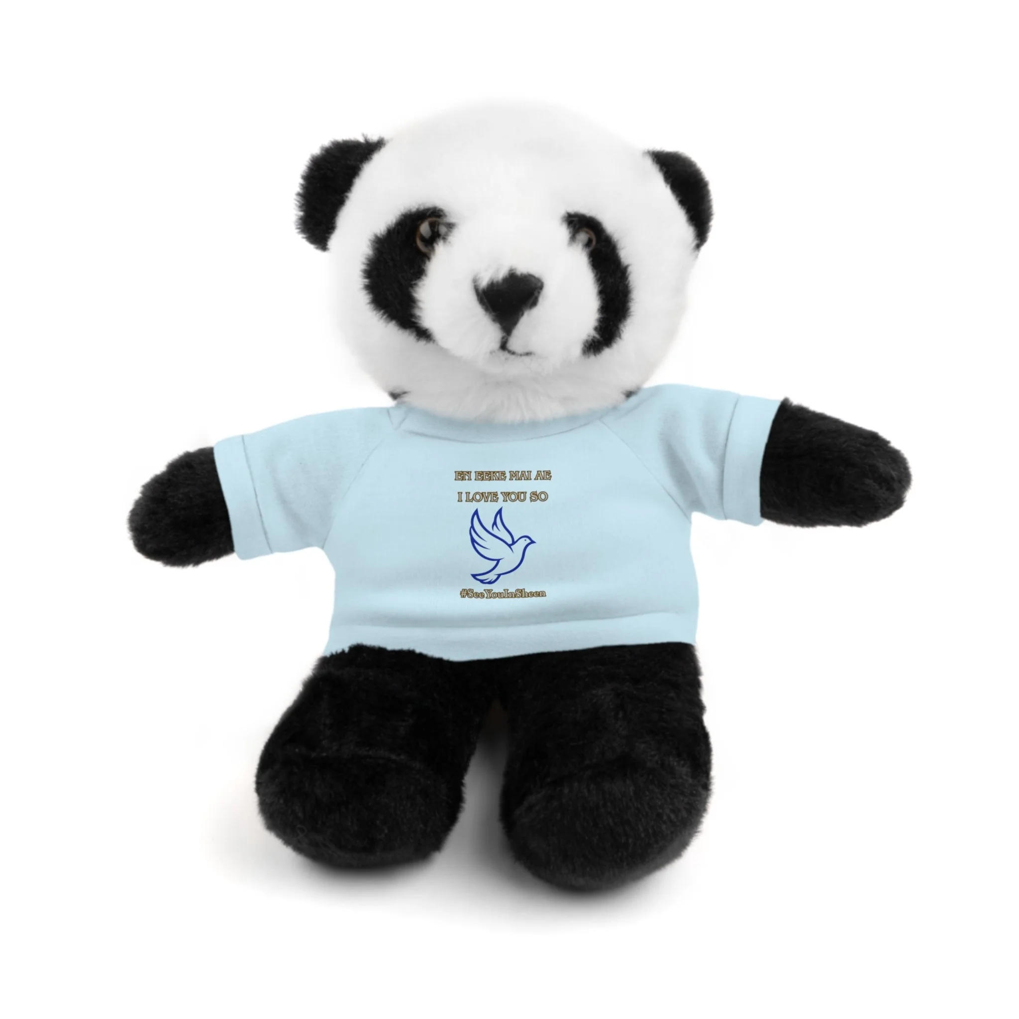 A stuffed panda bear wearing a light blue T-shirt with text and a logo, set against a white background.