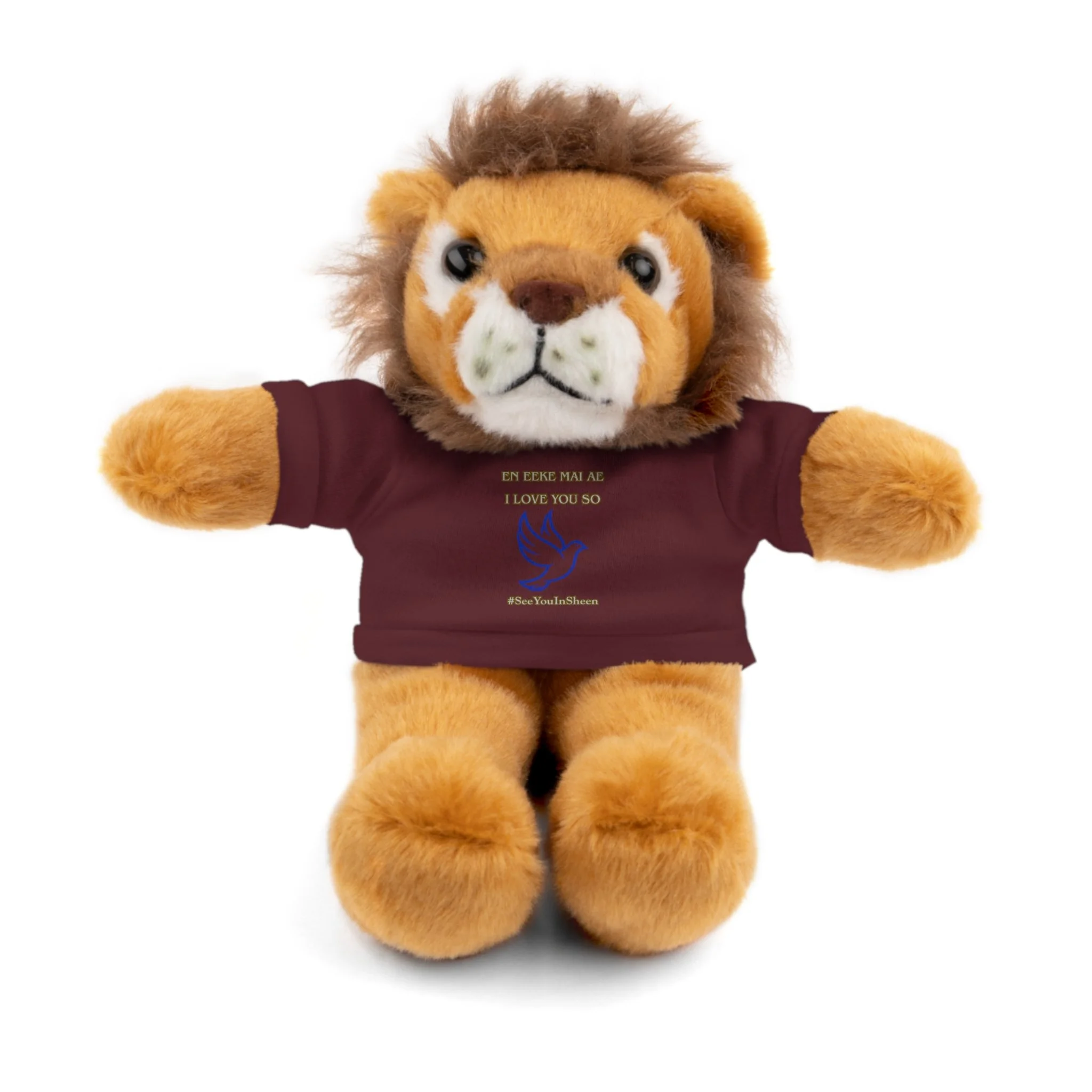 A plush lion toy wearing a maroon shirt with gold text and a blue logo, against a white background.