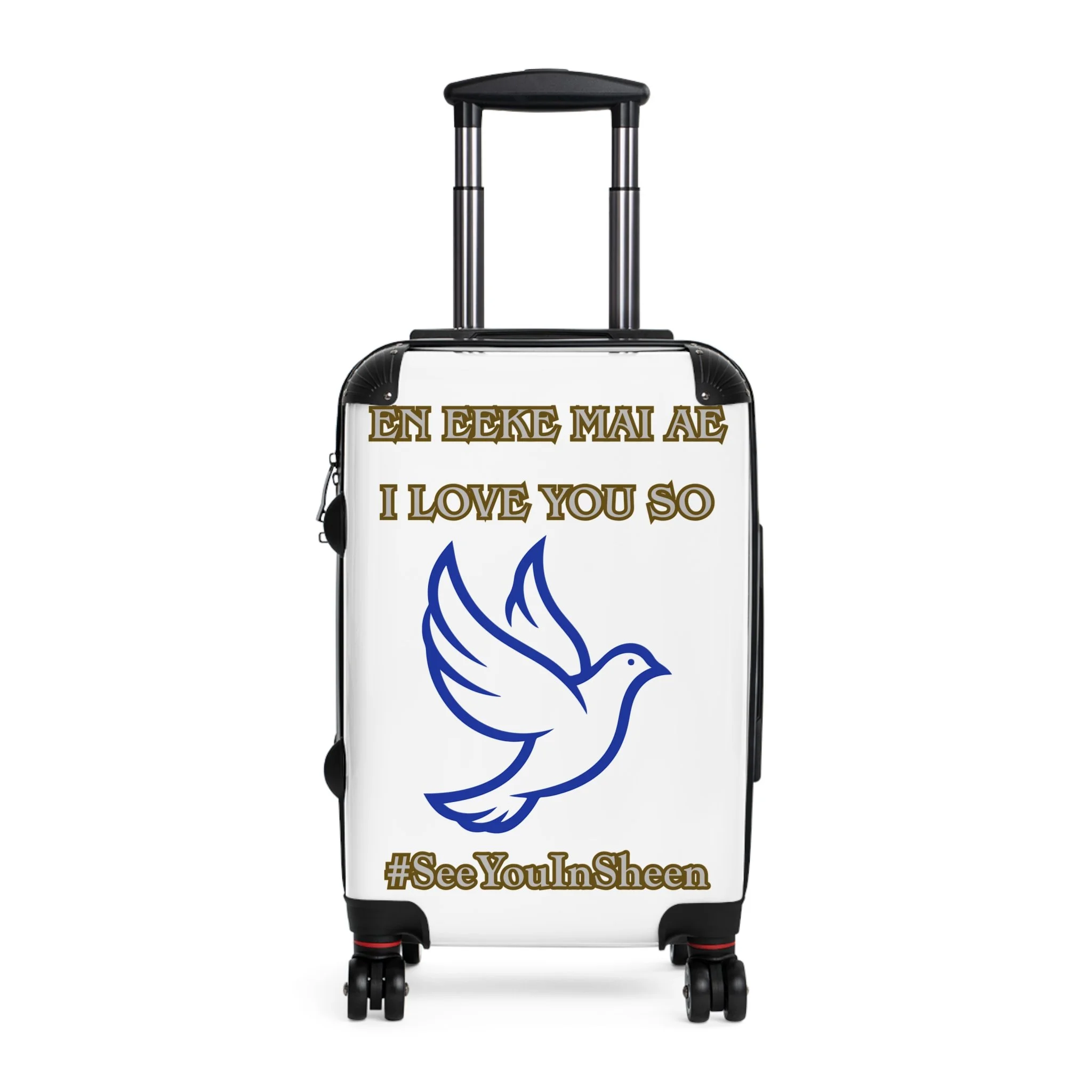 Luggage with a sign that says 'I love you so' and hashtags #SeeYouInSheen, featuring a blue flame logo, with a black handle and wheels.