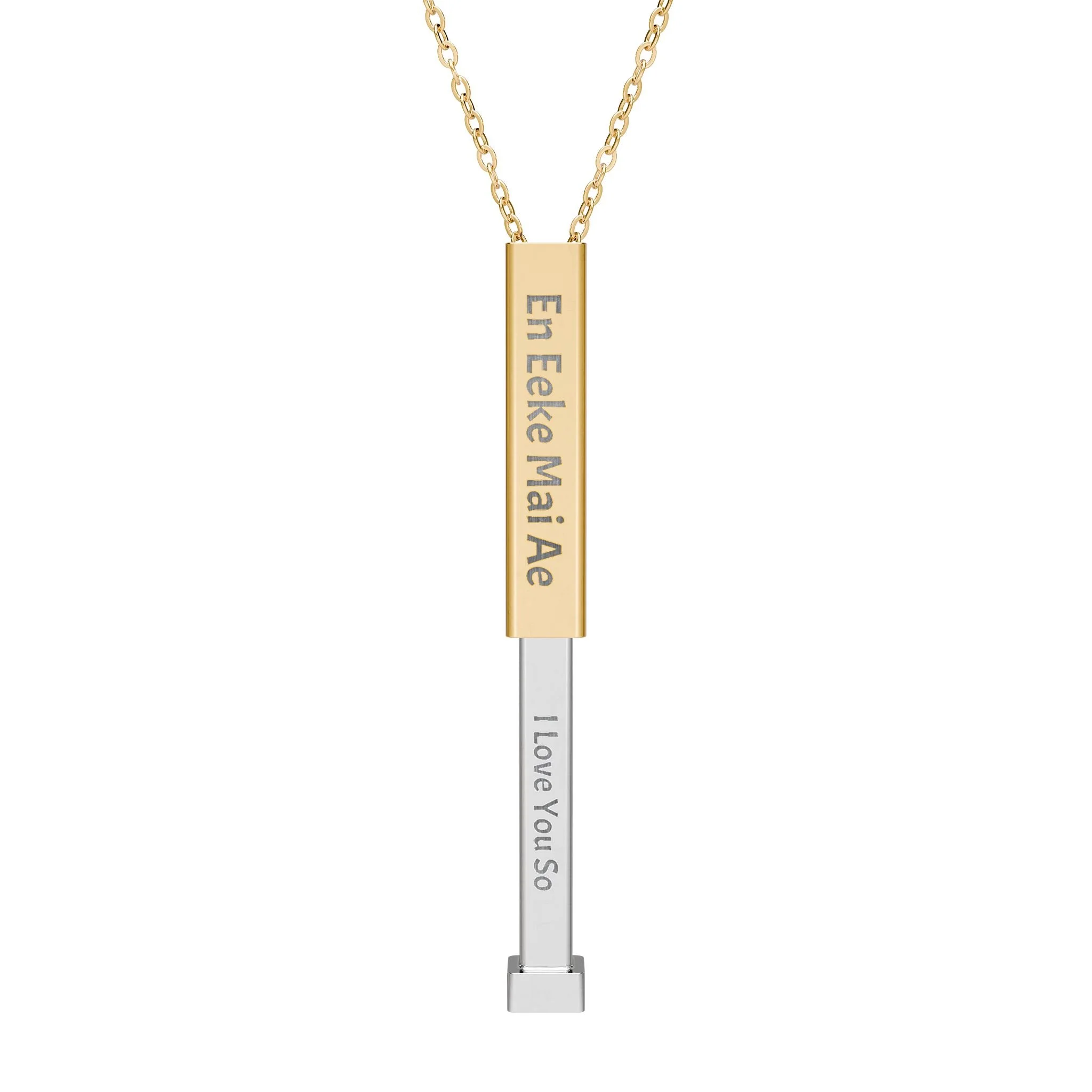 Gold chain necklace with a vertical rectangular pendant engraved with text.