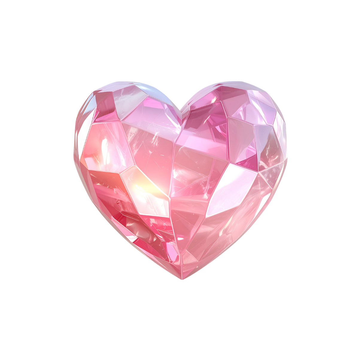 A pink, faceted gemstone in the shape of a heart with a shiny, reflective surface.