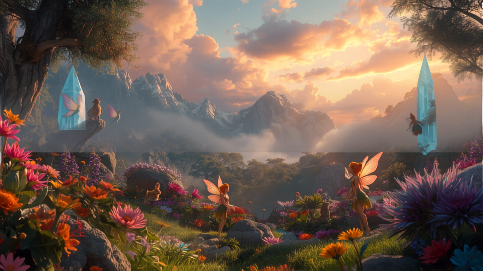 A fantasy scene of a colorful landscape at sunset with fairy-like creatures with butterfly wings, animals, and floating crystal-like structures surrounded by vibrant flowers and lush greenery.