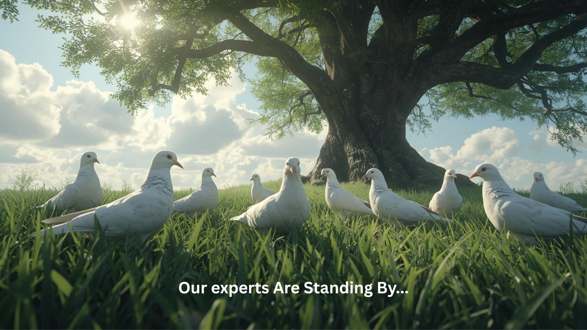 Several Doves sitting and standing on green grass under a large tree with lush green leaves. The sun is shining through the branches, and the sky is partly cloudy. Text at the bottom says, "Our experts Are Standing By..."
