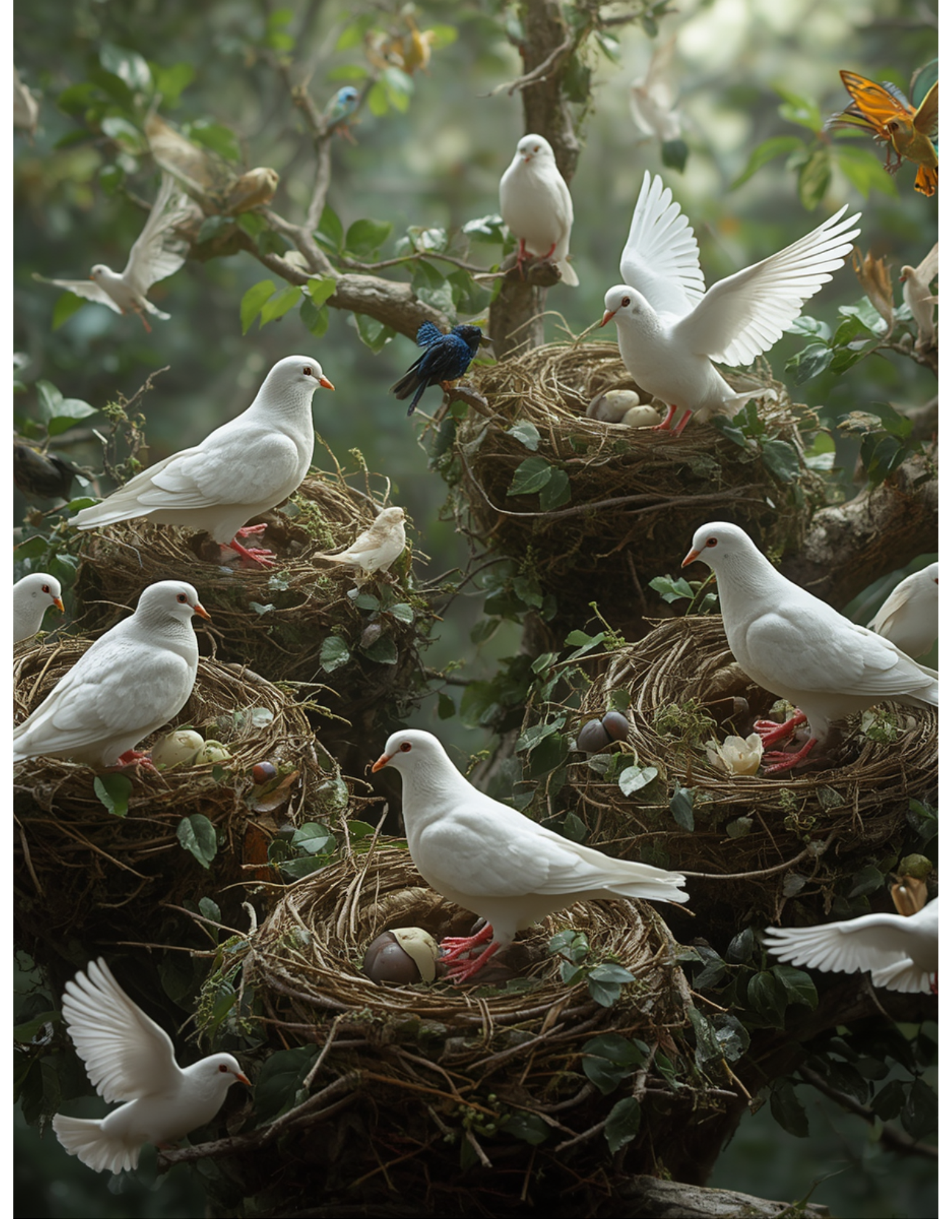 A bird's nest on a tree branch with baby birds and adult birds, including white doves and a smaller black bird, surrounded by green leaves and other birds flying nearby.