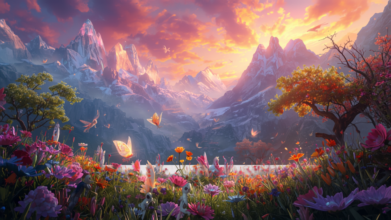 A vibrant digital landscape showcasing colorful flowers in the foreground, whimsical fairy-like creatures flying among them, and towering snow-capped mountains in the background under a fiery sunset sky with orange and pink clouds.