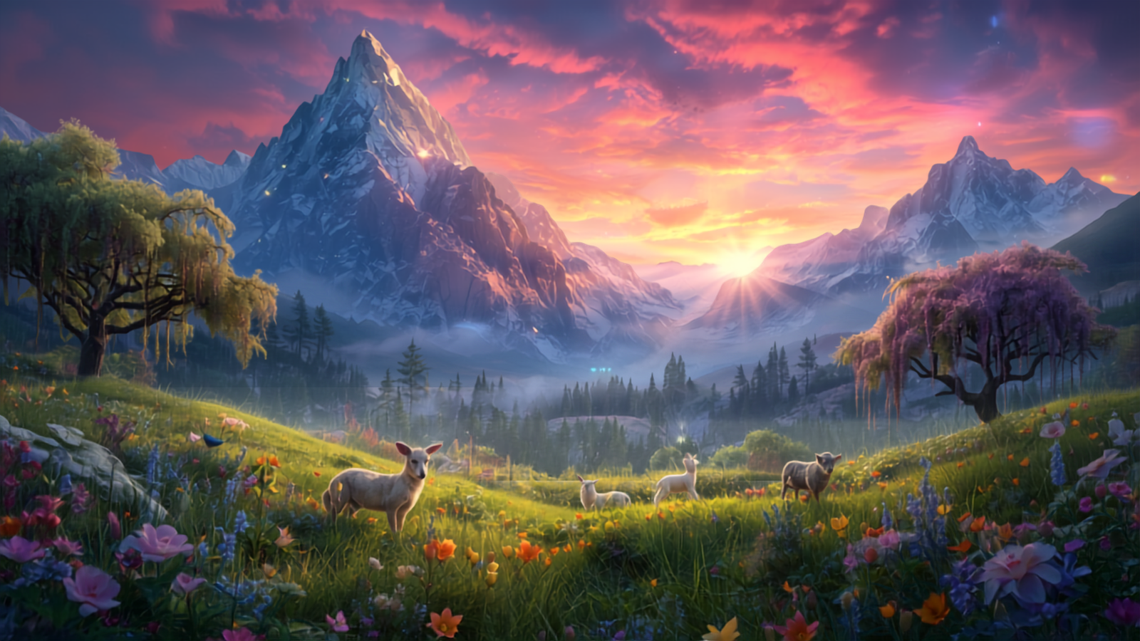 A colorful fantasy landscape featuring tall snow-capped mountains, a vibrant sunset sky, lush green meadows with flowers, trees with pink blossoms, fog in the distance, and several sheep grazing.