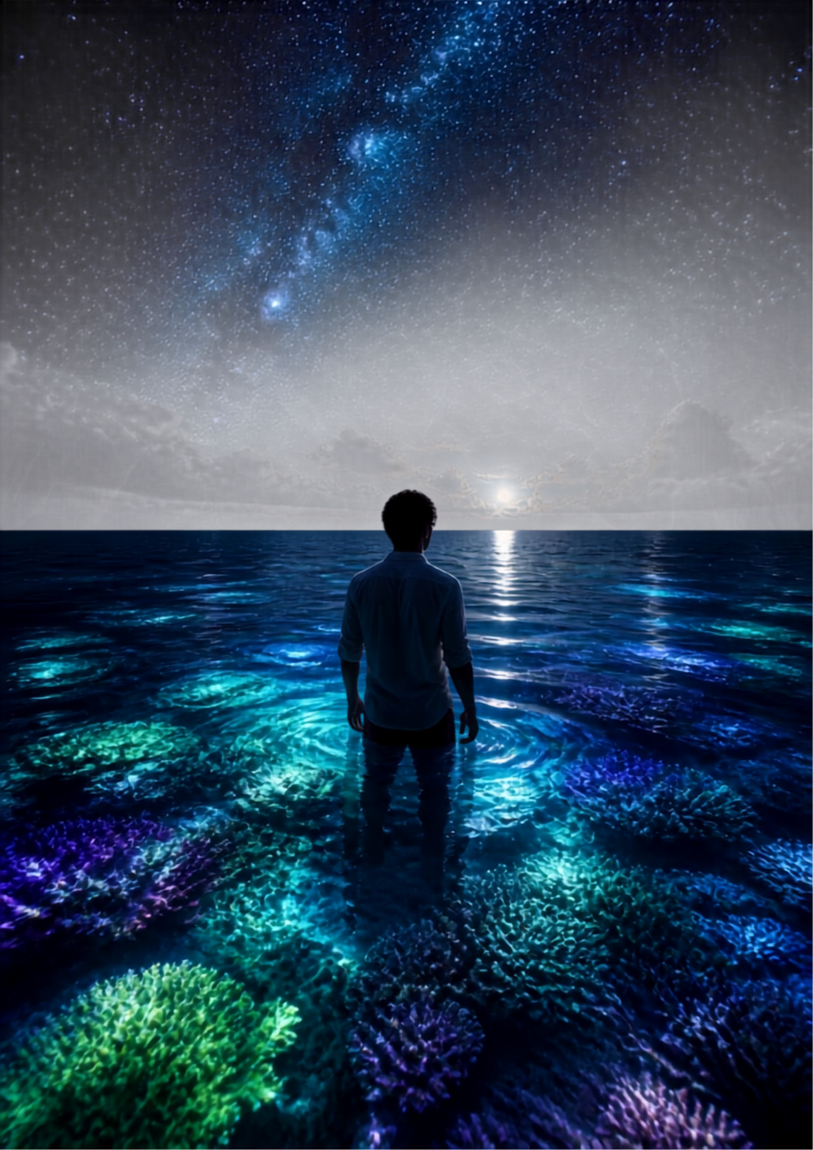 A person standing in shallow water illuminated with colorful, glowing coral reefs, looking at a star-filled sky with the Milky Way visible and the moon on the horizon over the ocean.