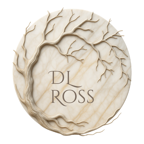 A bone colored marble-like moon with a carved bare tree to the side and the name 'DL ROSS' in the center.