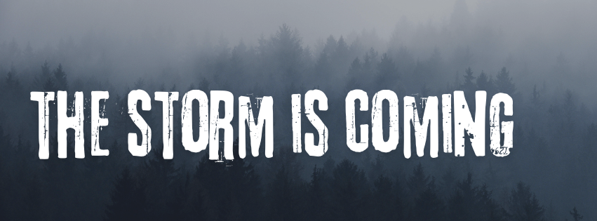 A foggy forest with trees in the background and the text "The storm is coming" in bold, distressed white font.