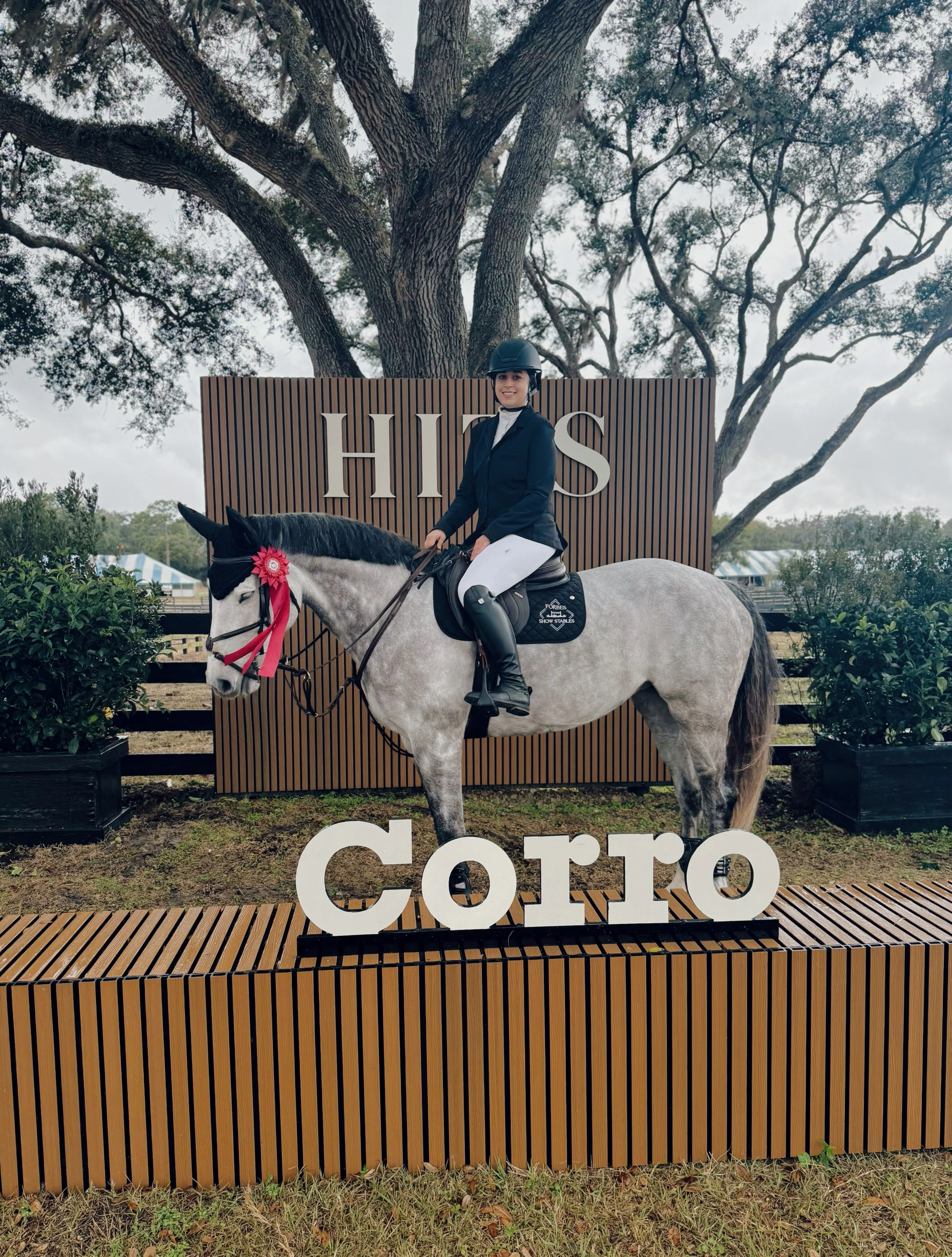 A female equestrian rider in formal riding attire and a helmet sitting on a gray horse with a red ribbon. The background includes a large tree and a wooden fence, with a sign that reads 'Cortijo' in front of the horse.