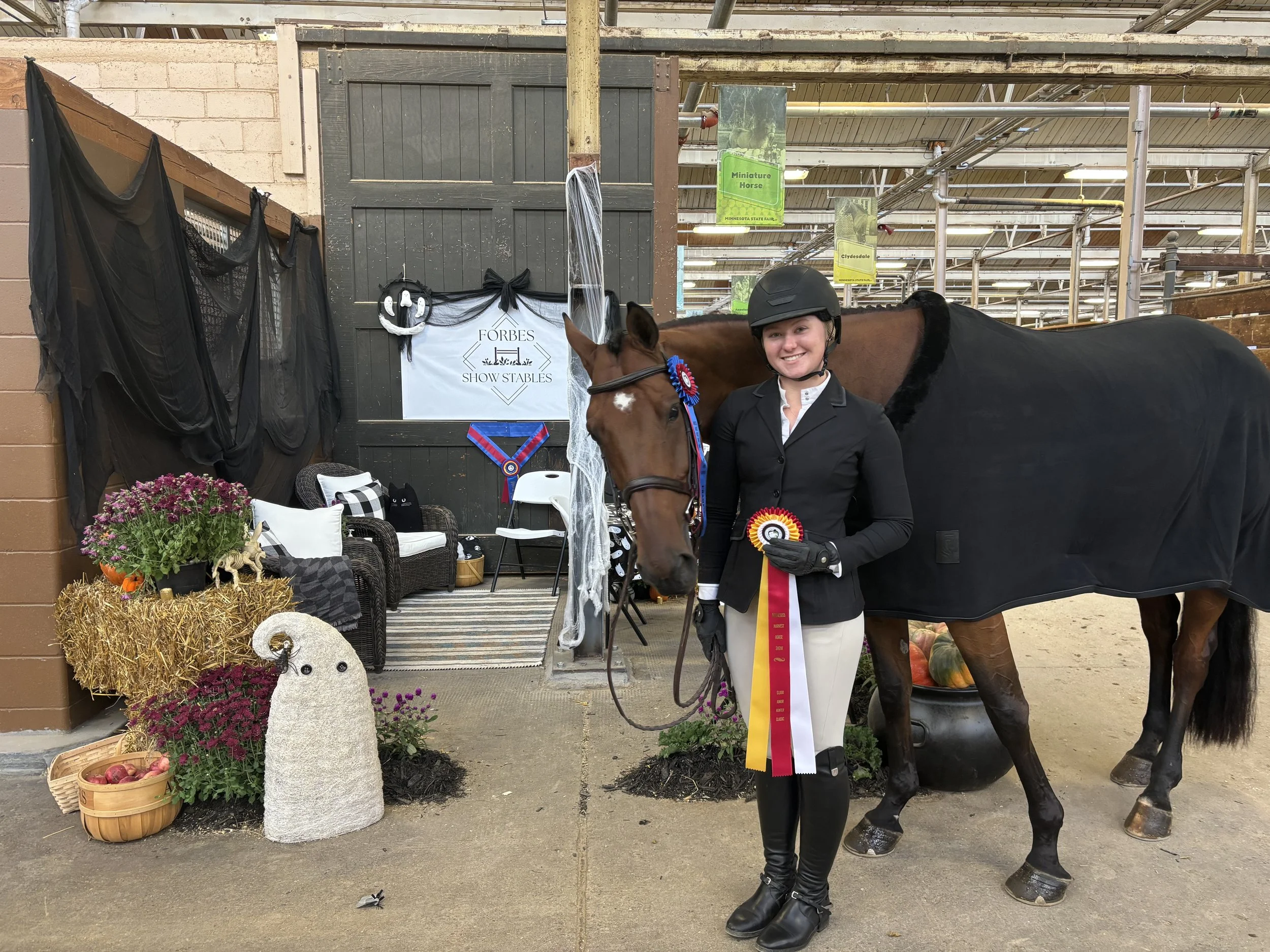 Girl wearing equestrian riding attire, including a helmet and black riding boots, standing next to a brown horse with a black mane at a show stable, with awards and decorations visible in the background.