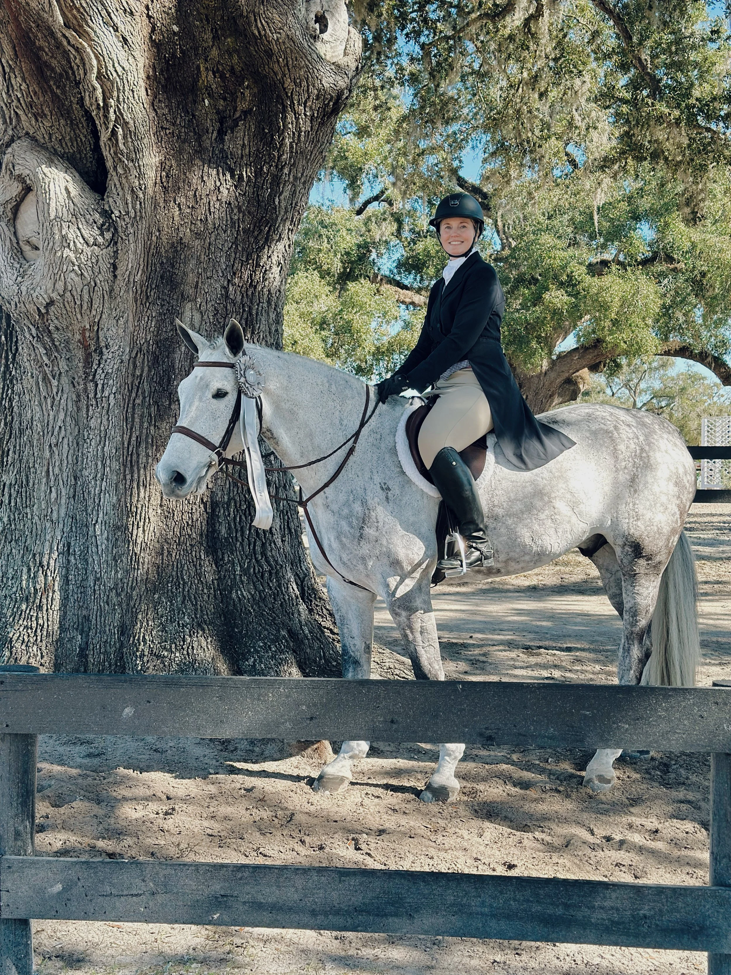 A woman dressed in equestrian attire, including a black riding helmet, black jacket, and beige riding pants, is sitting on a white horse with a ribbon on its bridle. They are outdoors near a large tree with green leaves and a blue sky in the backgrou