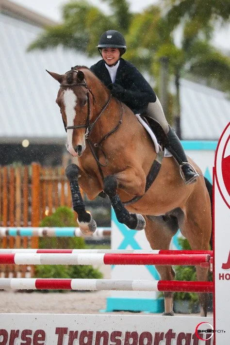 A smiling woman wearing a helmet and riding attire jumping over colorful red and white show jumping rails on a brown horse during an equestrian event.