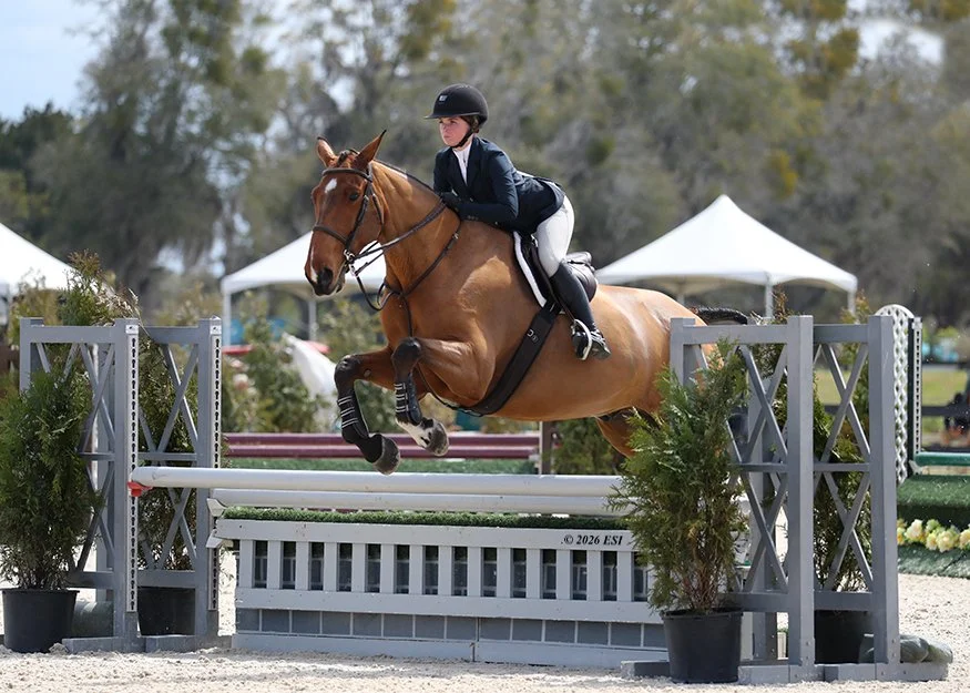 A female rider in equestrian riding gear guiding a horse over a jump during show jumping competition.
