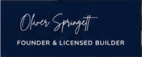 Business card with the name Oliver Springett, stating 'Founder & Licensed Builder' on a navy blue background.