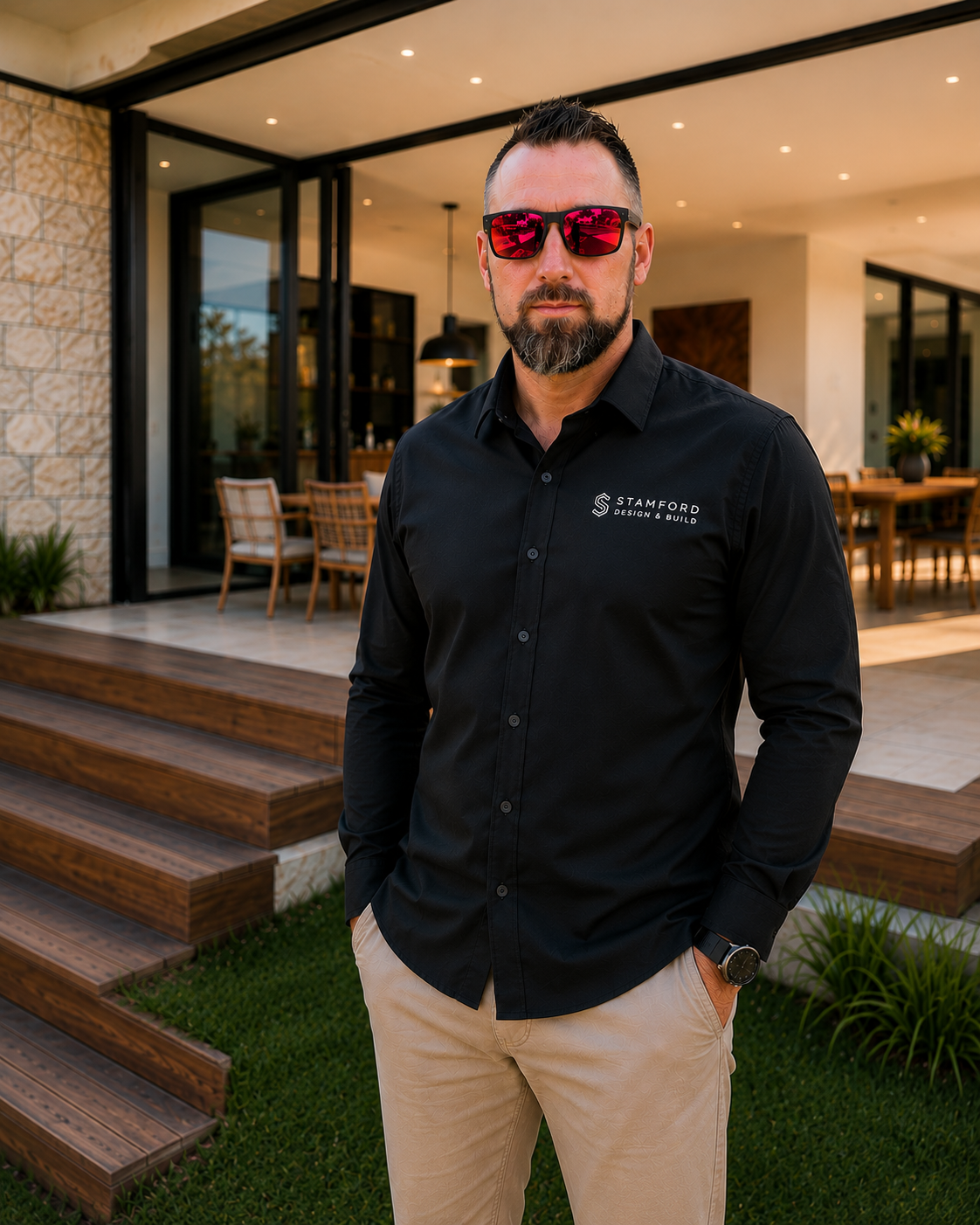 A man with a beard wearing sunglasses, a black shirt with 'Stamford Design & Build' logo, and beige pants stands outdoors in front of a modern house with a patio and wooden stairs.