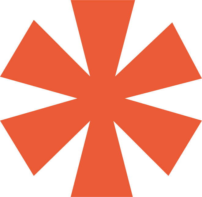 A digital illustration with orange geometric shapes arranged in a symmetrical pattern on a white background, resembling a stylized star or flower.