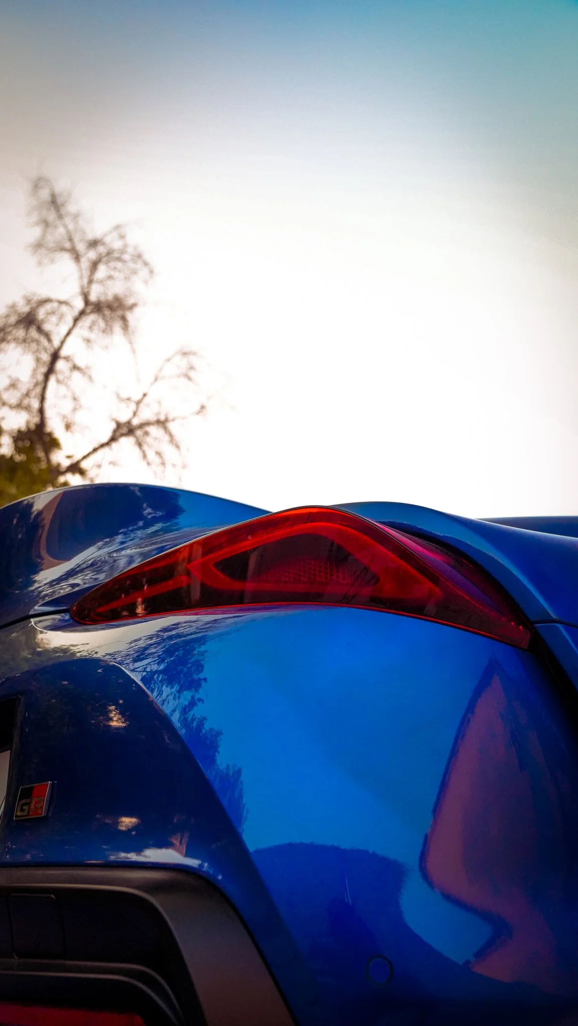 Close-up of the rear of a blue sports car, showing the taillight and a small badge, with a tree and sky in the background.