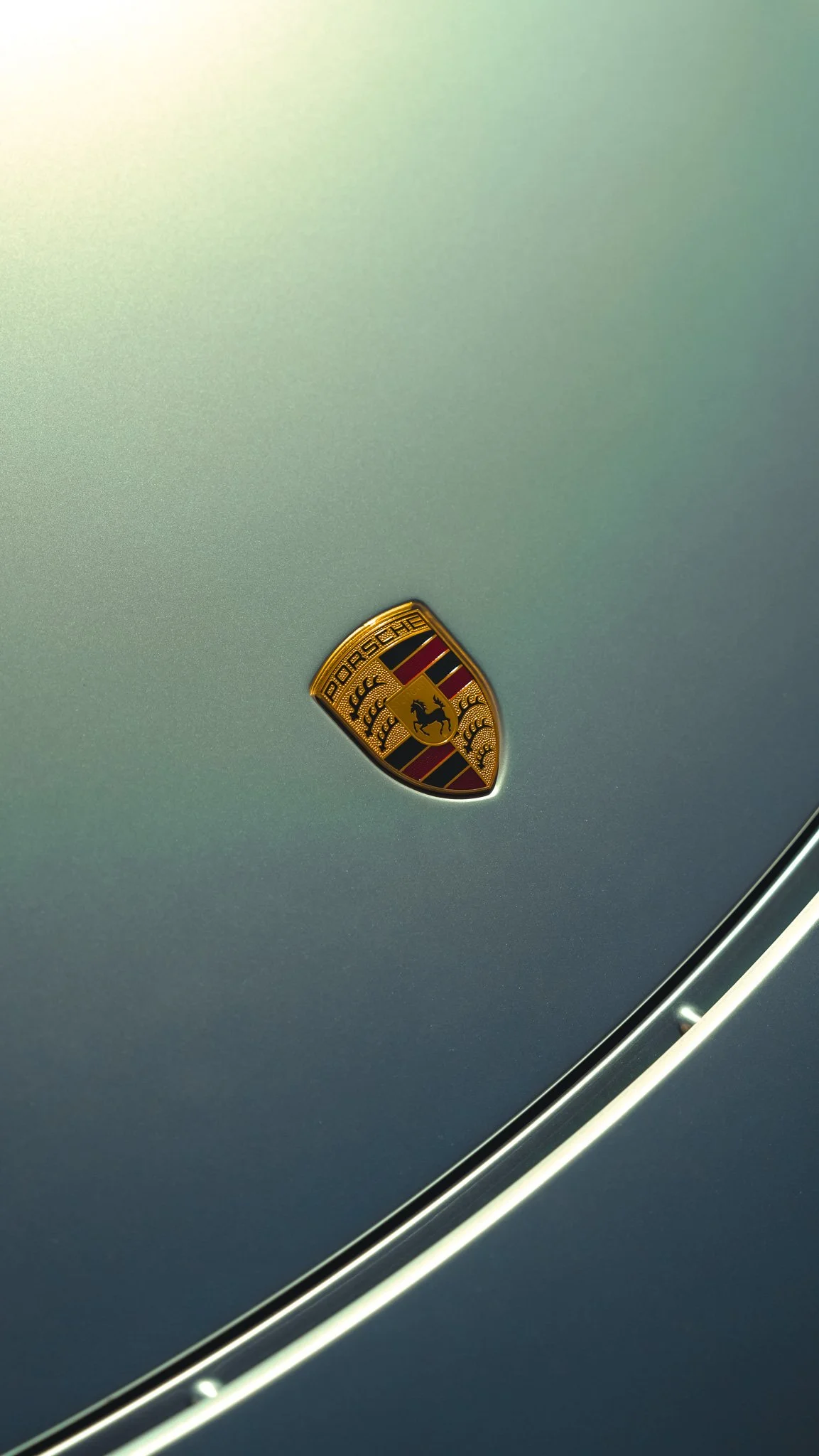 Close-up of a Porsche emblem on a car's hood against a light greenish background.